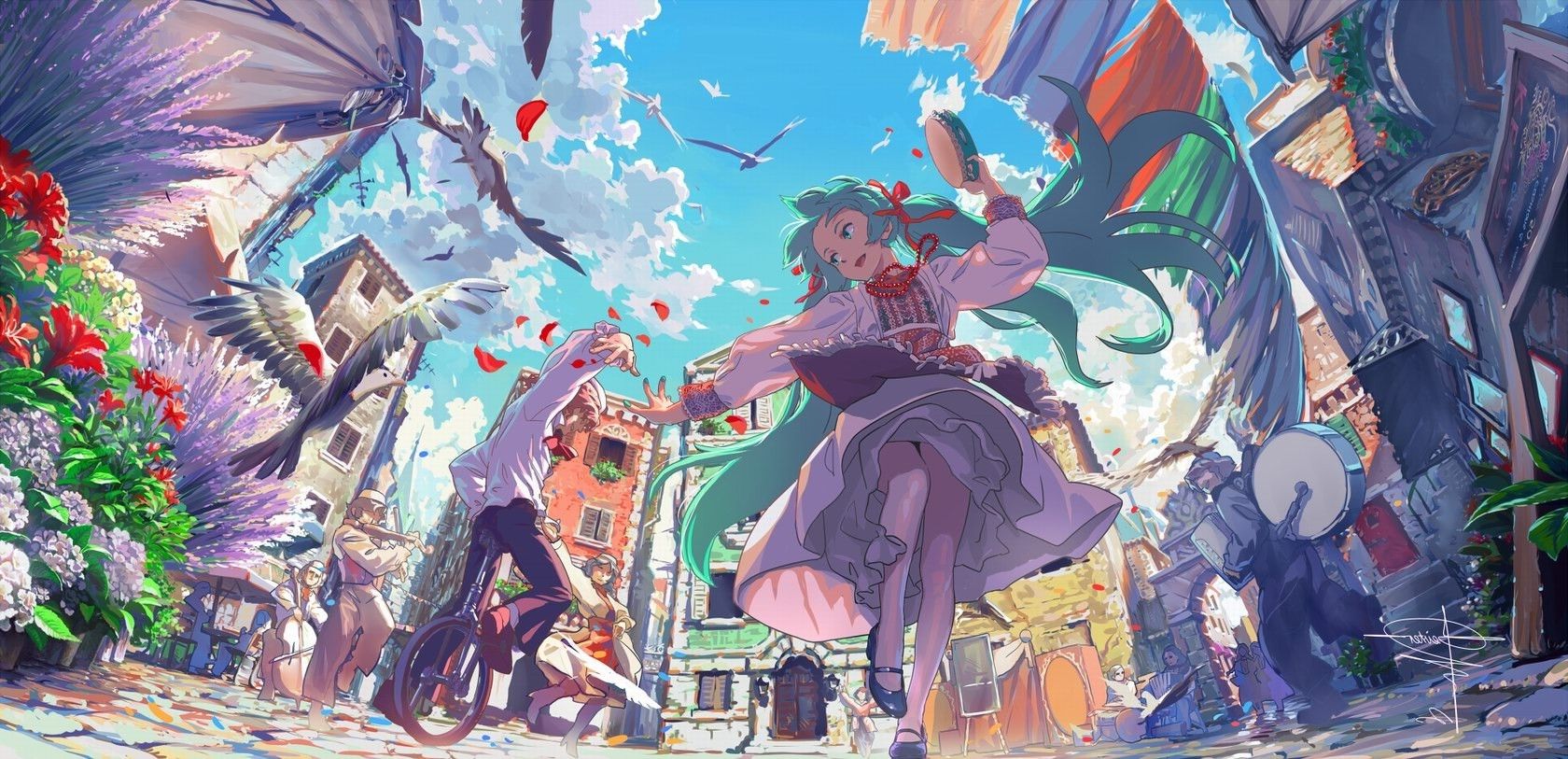 festivals, Anime Girls, Birds, Dancing, Musical Instrument, Flowers Wallpaper HD / Desktop and Mobile Background