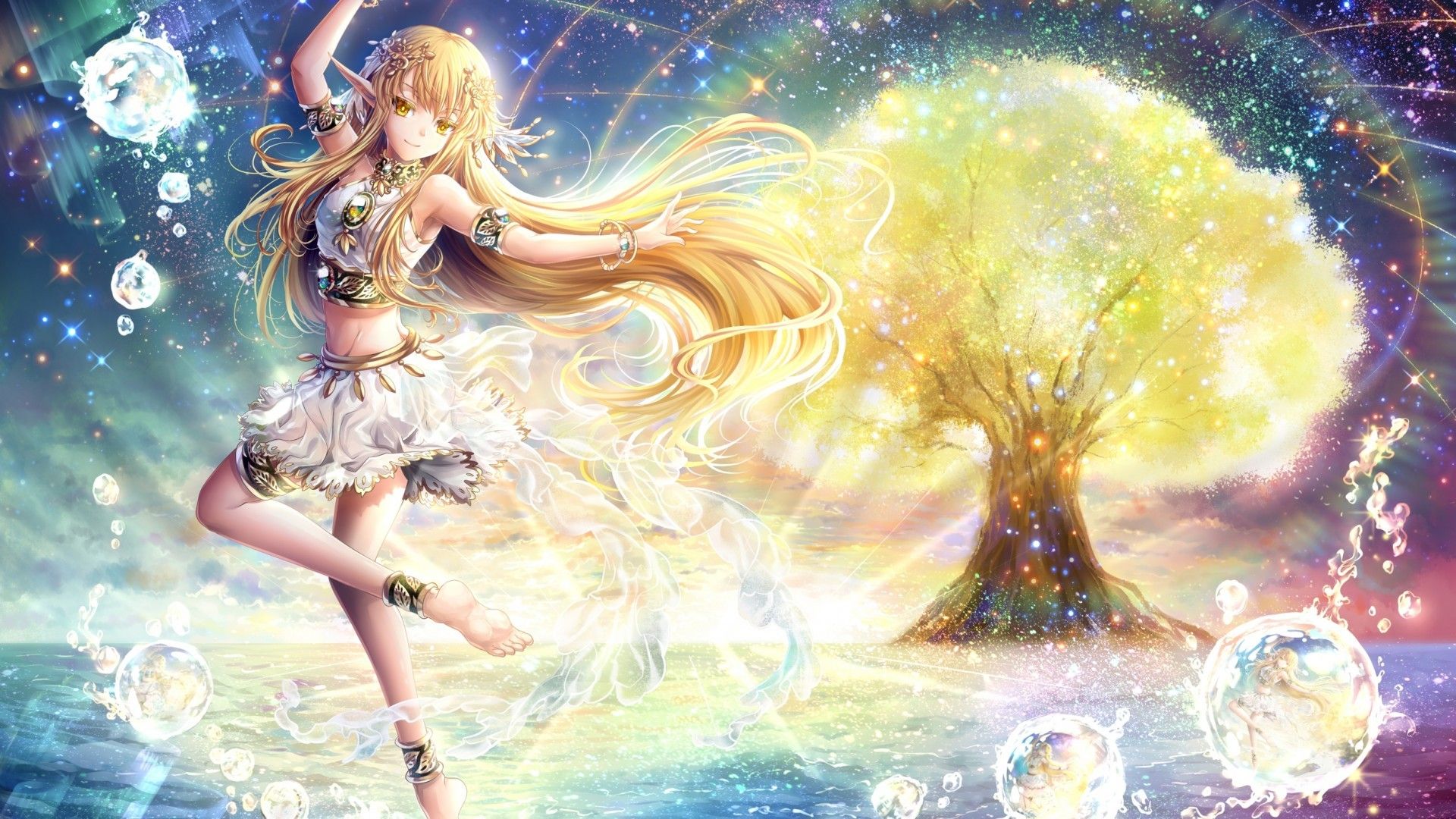 Download 1920x1080 Anime Girl, Dancing, Elf Ears, Blonde, Scenic, Water, Tree, Rainbow Wallpaper for Widescreen
