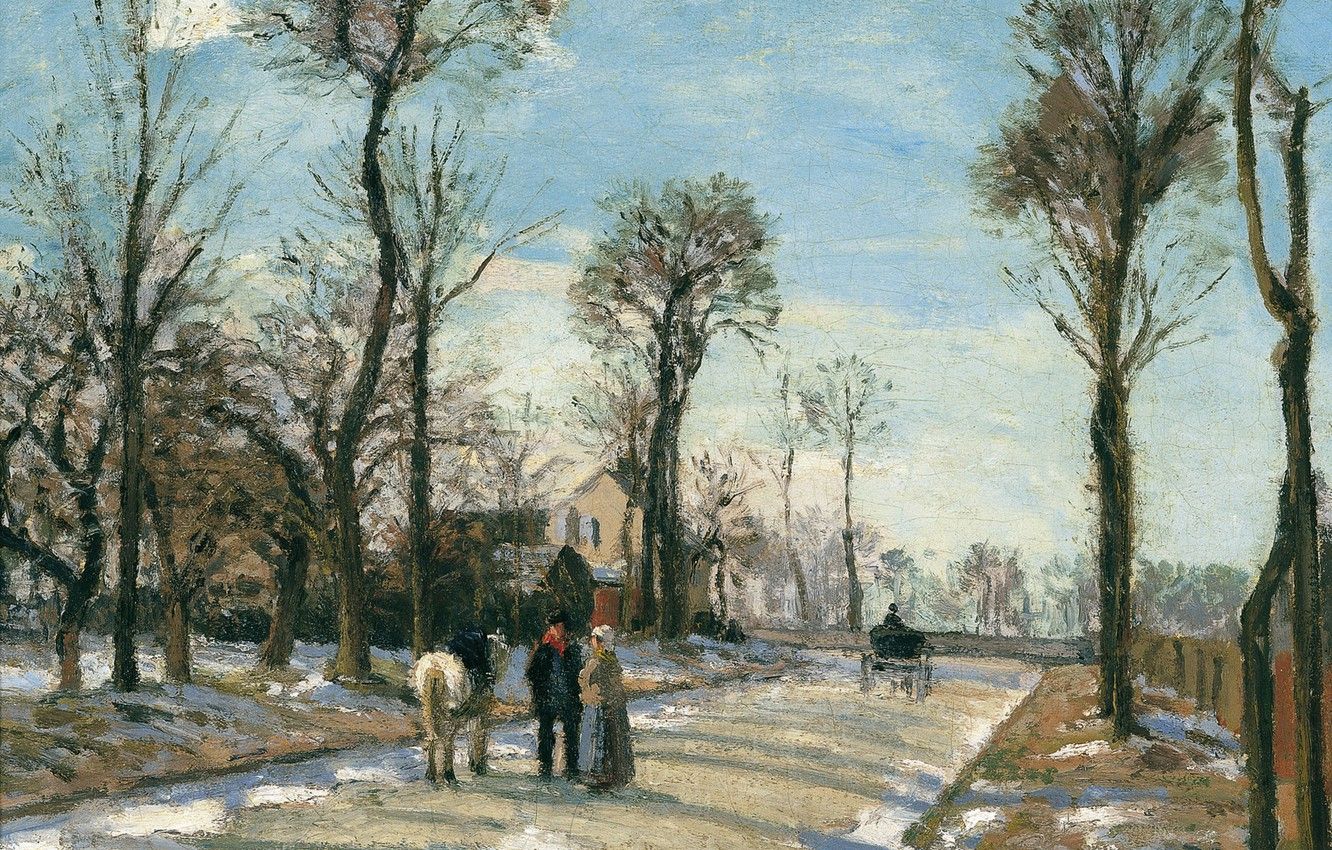 Wallpaper landscape, picture, Camille Pissarro, The road to Versailles. Louveciennes. Winter Sun and Snow image for desktop, section живопись