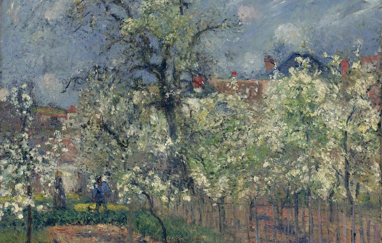 Wallpaper landscape, picture, spring, Camille Pissarro, In the garden of Maubuisson. PONTOISE. Pear blossoms image for desktop, section живопись