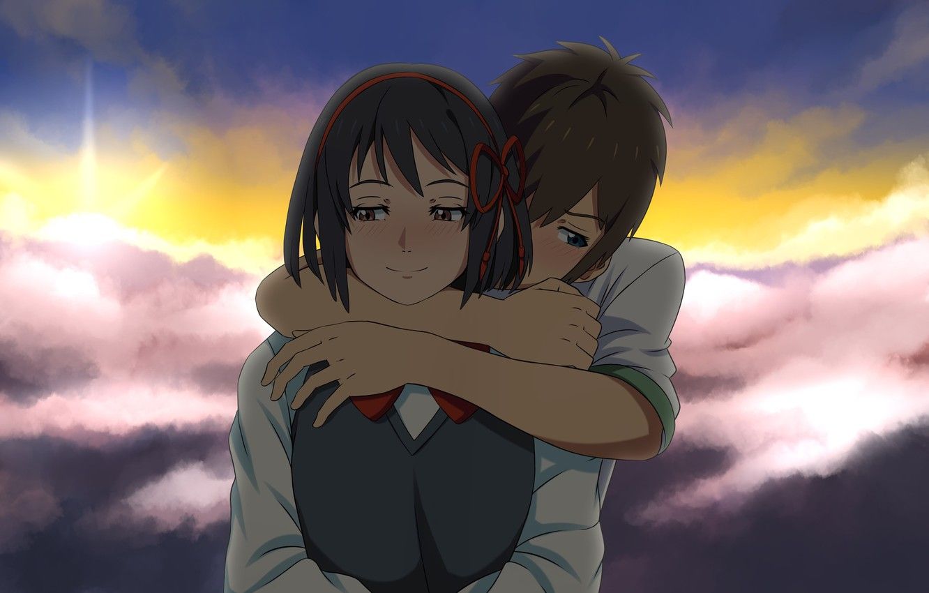 Wallpaper sunset, romance, anime, art, two, hugs, Kimi no VA On, Your name image for desktop, section сёдзё