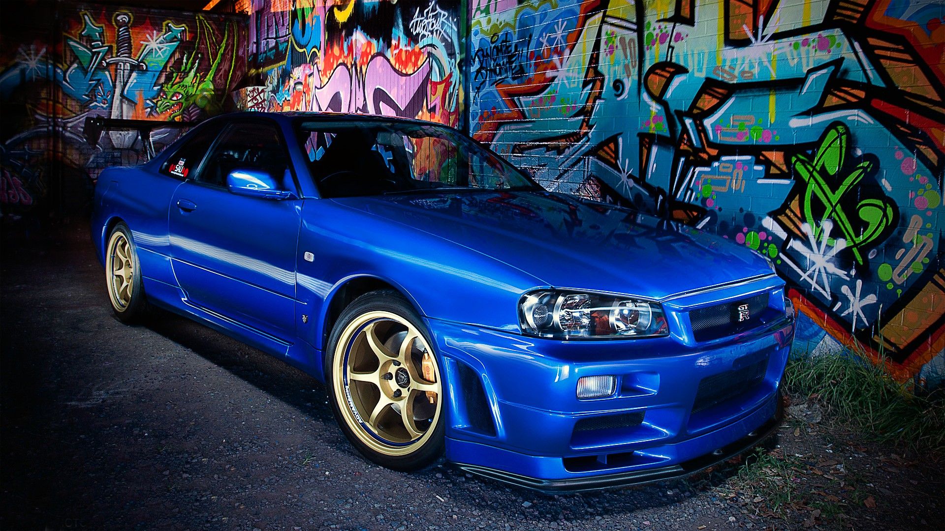 blue, cars, japanese, graffiti, supercars, tuning, Nissan Skyline GTR R34 wallpaper