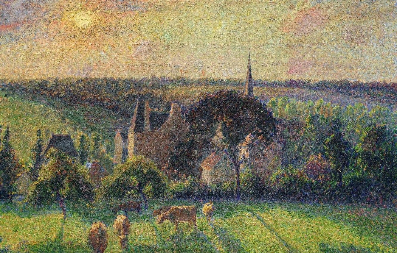 Wallpaper sunset, hills, picture, cows, meadow, Camille Pissarro, Landscape at Eragny image for desktop, section живопись