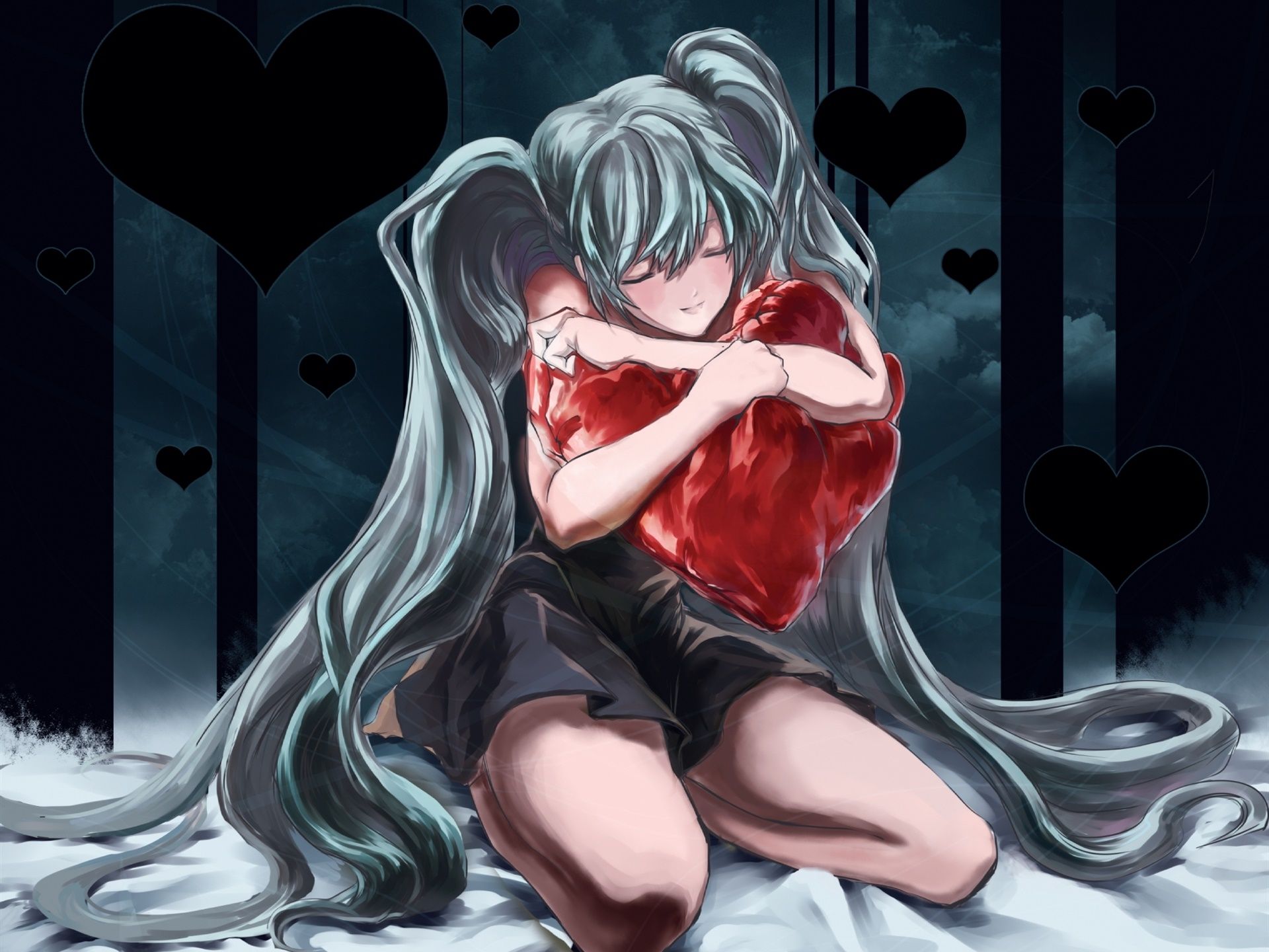 Blue Hair Anime Girl Hugging Heart Shaped Pillow Desktop Wallpaperx1440 Wallpaper Download