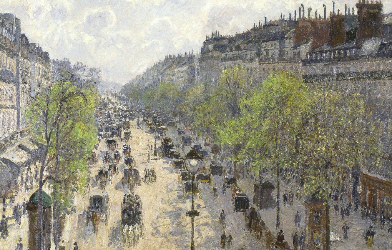 Wallpaper trees, street, home, picture, the urban landscape, Camille Pissarro, The Boulevard Montmartre. Spring image for desktop, section живопись