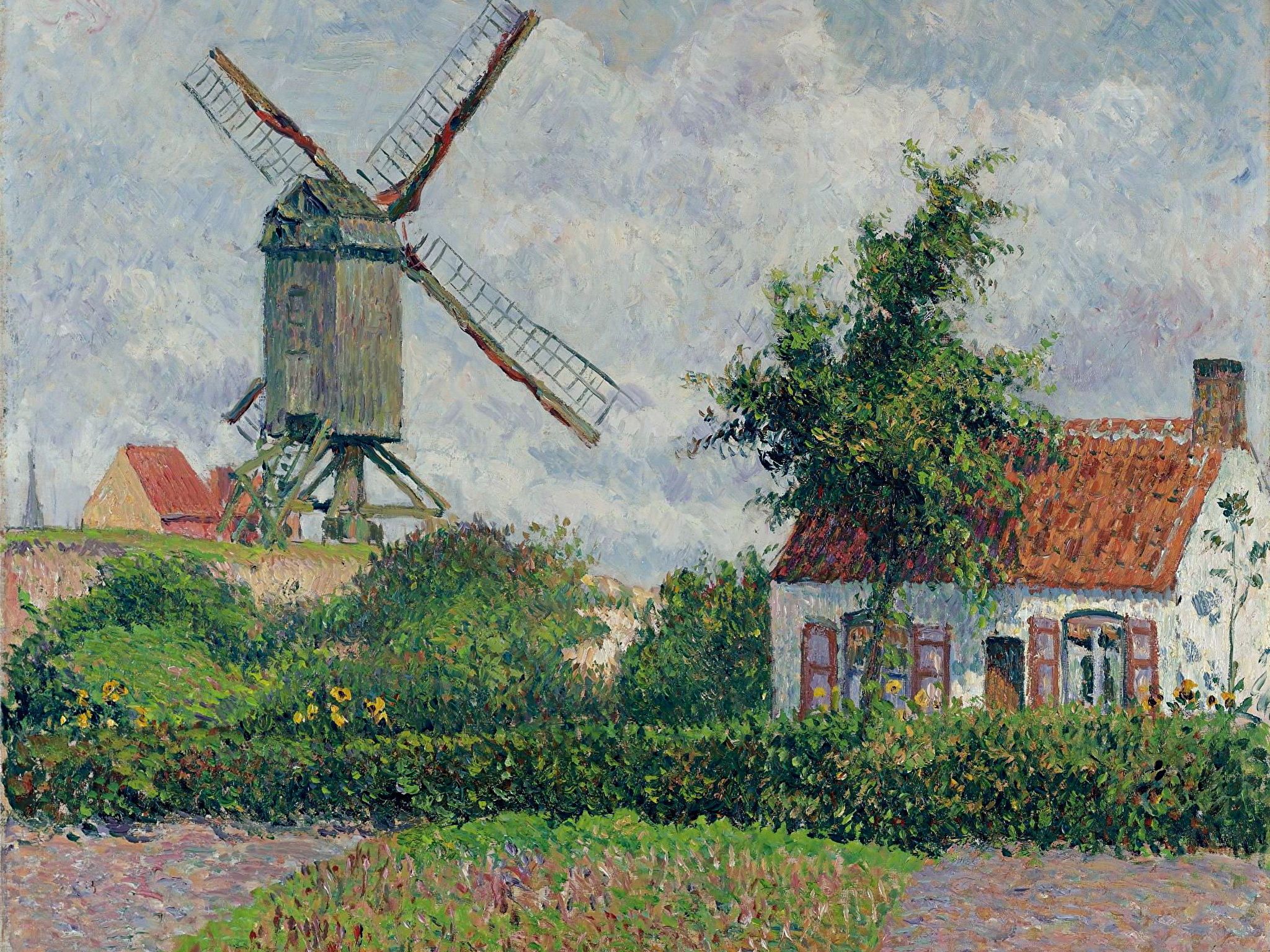 Wallpaper windmills Camille Pissarro, Windmill at Knokke 2048x1536