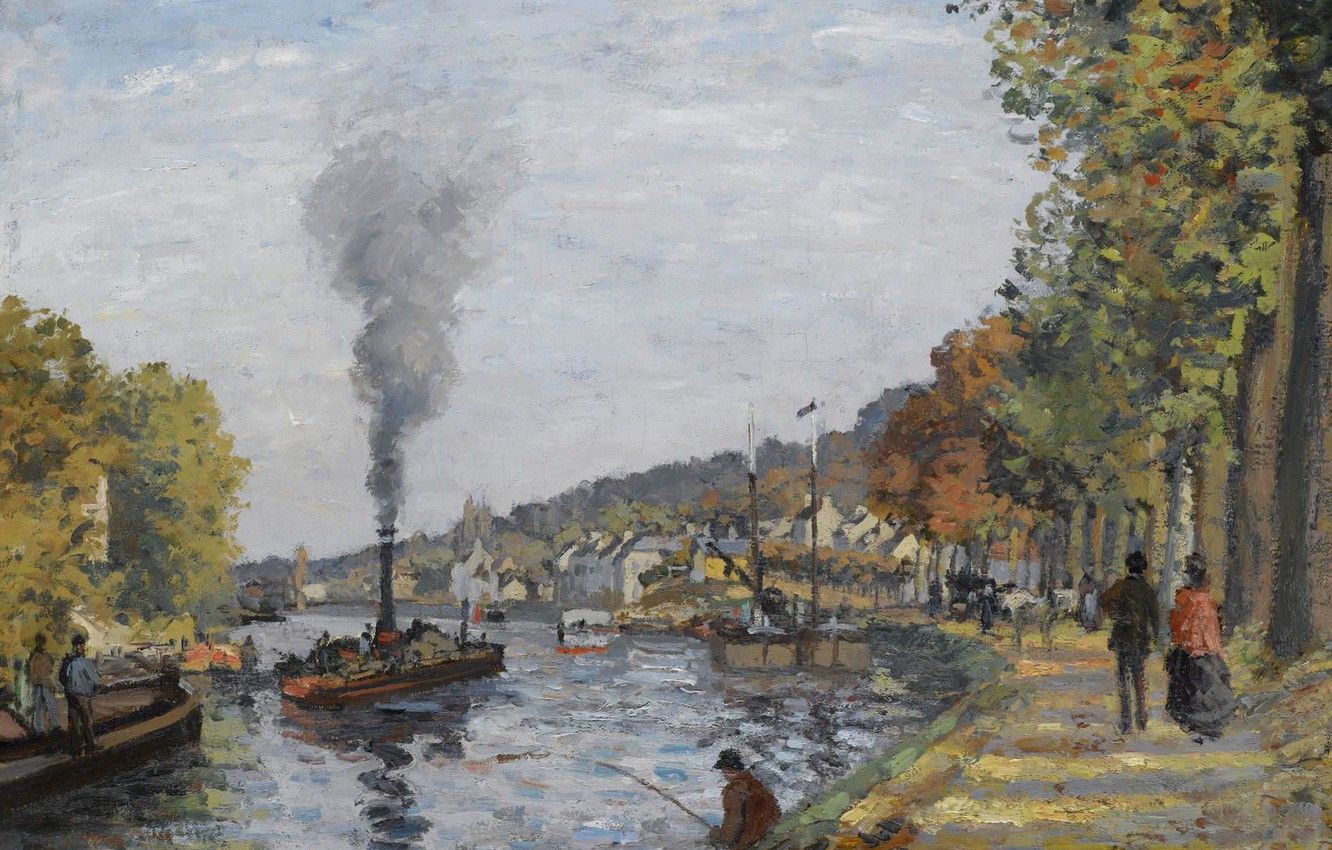 Wallpaper river, smoke, ship, fisherman, steamer, Camille Pissarro, The Seine at Bougival, Camille Pissarro image for desktop, section живопись