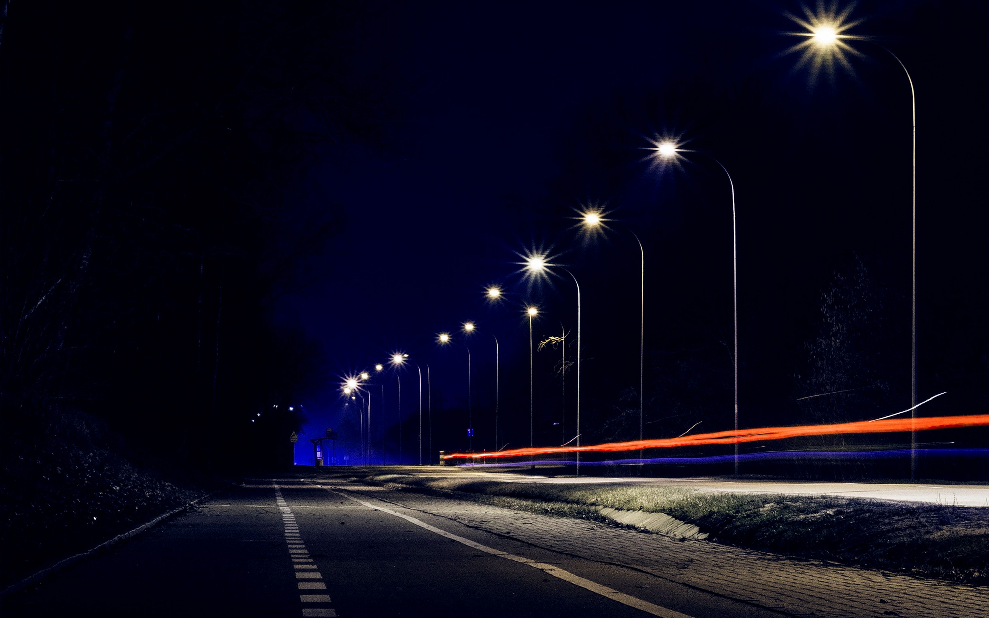 Street Lights Dark Night Car City Blue Wallpaper