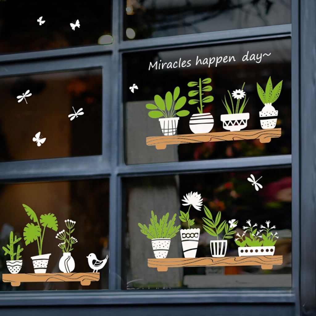 Plant Glass Potted Shop Window Stickers Flower Pot DIY Wall Decals Homen Cafe Decor Waterproof Wallpaper#T2. Wall Stickers