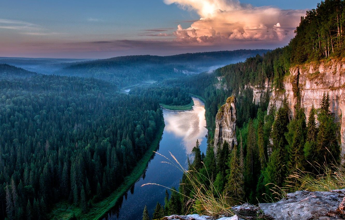 Wallpaper the sky, grass, trees, clouds, reflection, river, vegetation, mountain, beautiful, coniferous image for desktop, section природа