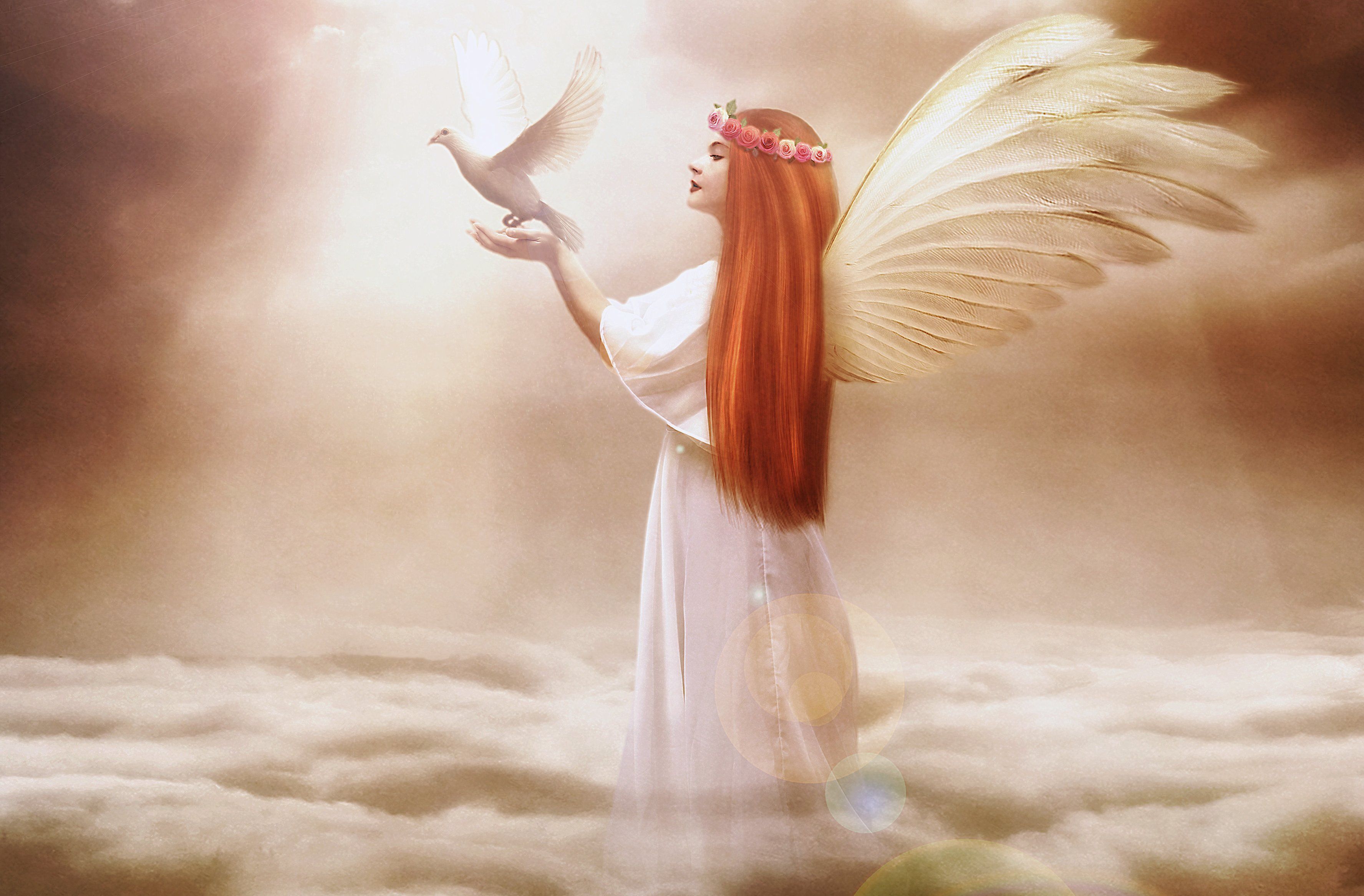Angels Pigeons Redhead girl Wings Clouds Fantasy Girls angel wallpaperx2333