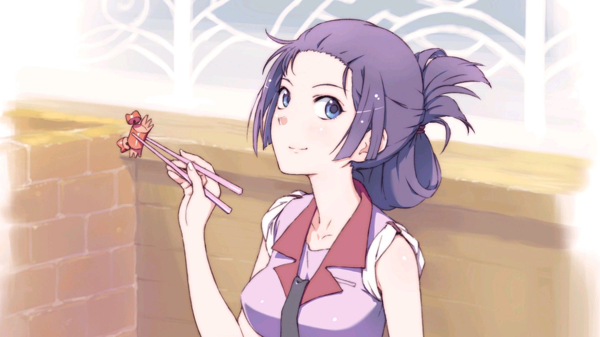 Monogatari Series, Chopsticks, Senjougahara Hitagi, Anime girls Wallpaper HD / Desktop and Mobile Background