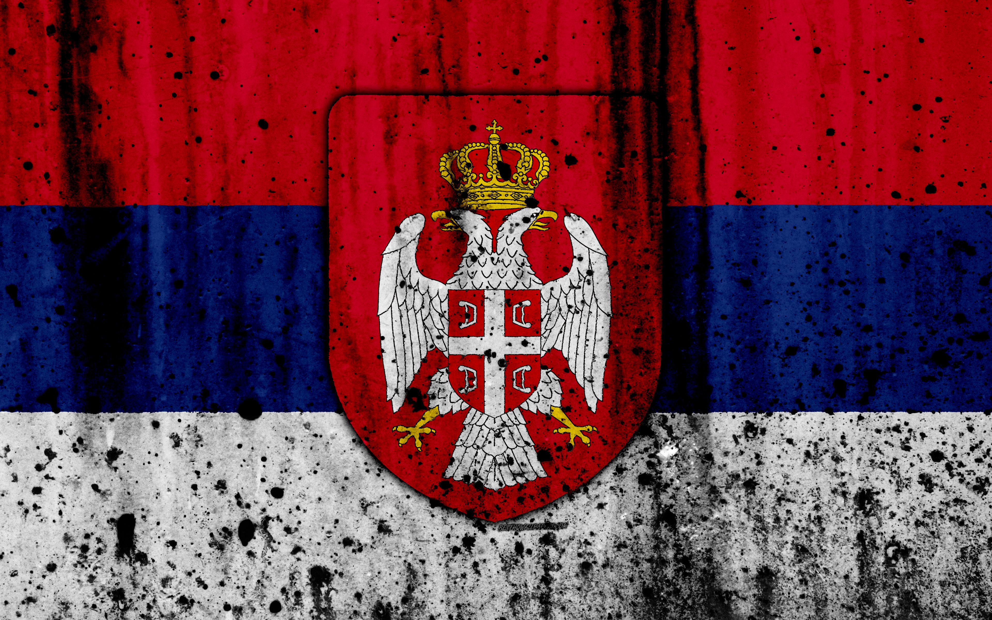 Download wallpaper Serbian flag, 4k, grunge, flag of Serbia, Europe, Serbia, national symbolism, coat of arms of Serbia, Serbian coat of arms for desktop with resolution 3840x2400. High Quality HD picture wallpaper