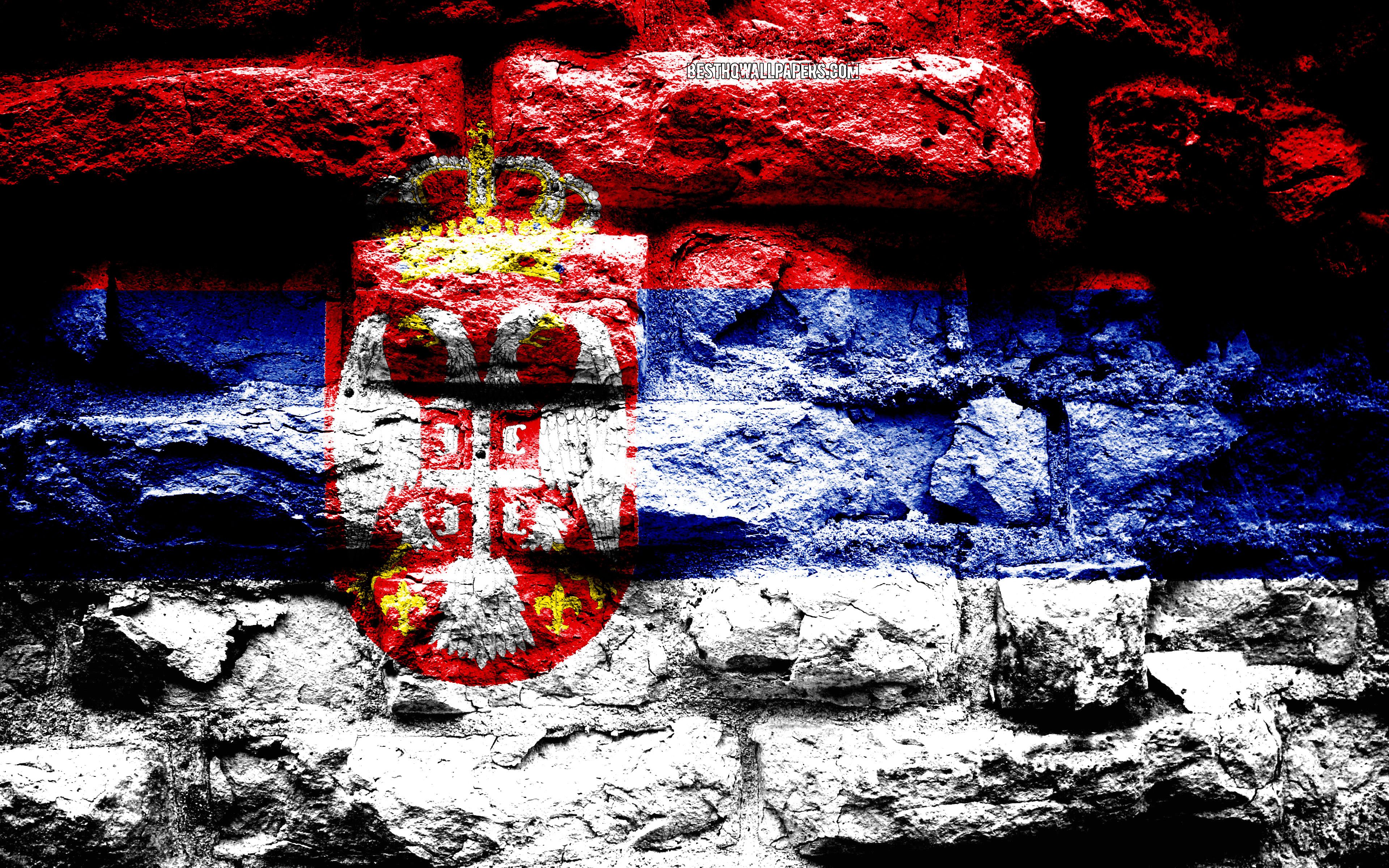 Download wallpaper Serbia flag, grunge brick texture, Flag of Serbia, flag on brick wall, Serbia, Europe, flags of european countries for desktop with resolution 3840x2400. High Quality HD picture wallpaper