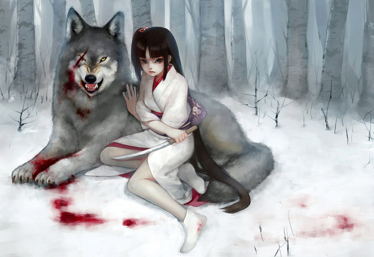 Wolf girl long hair fantasy anime blood kimono knife forest snow wallpaperx990