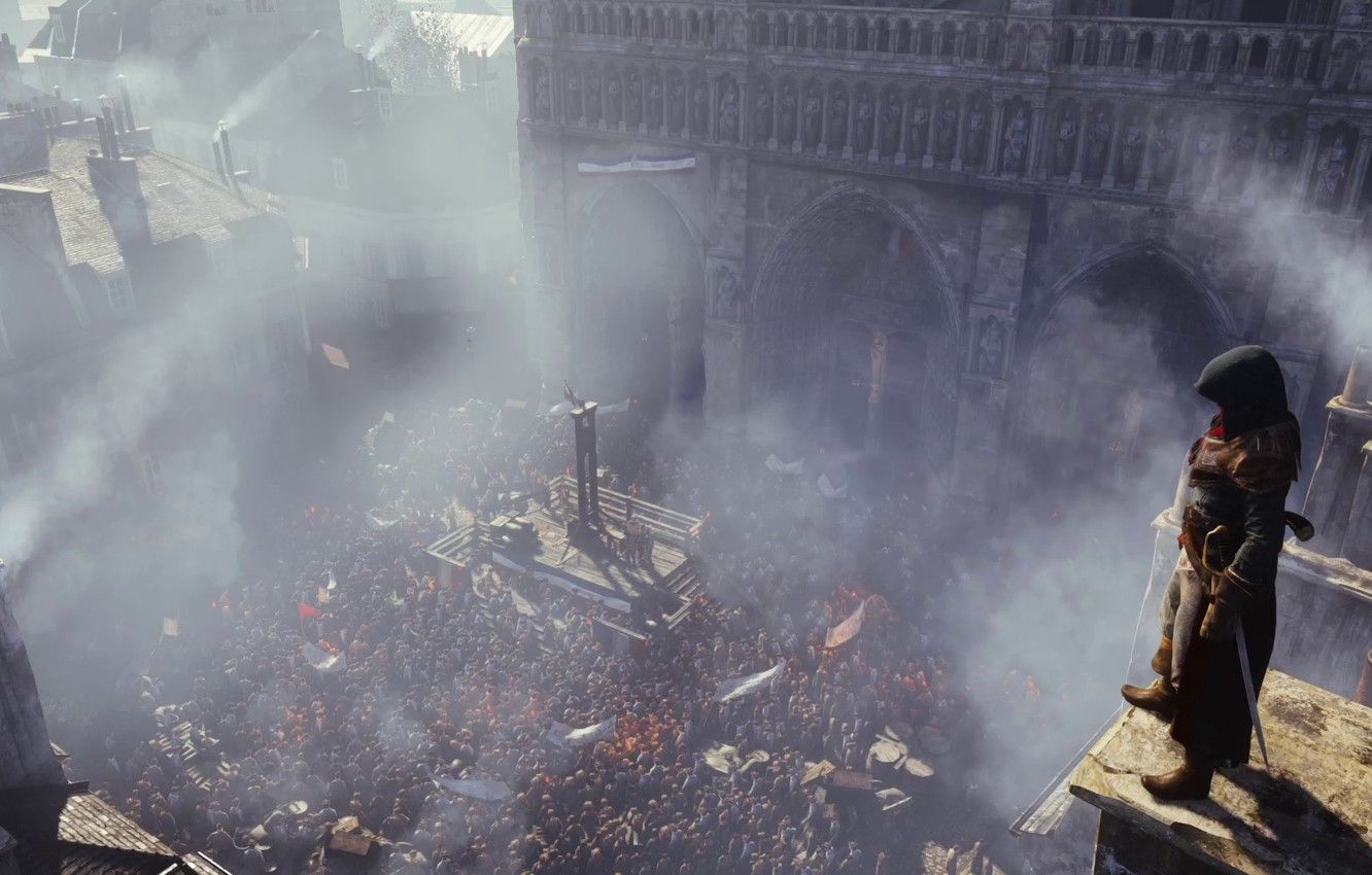 Wallpaper smoke, the crowd, assassin, Assassin's Creed: Unity, Assassin's Creed: Unity, Arno Dorian, the French revolution image for desktop, section игры