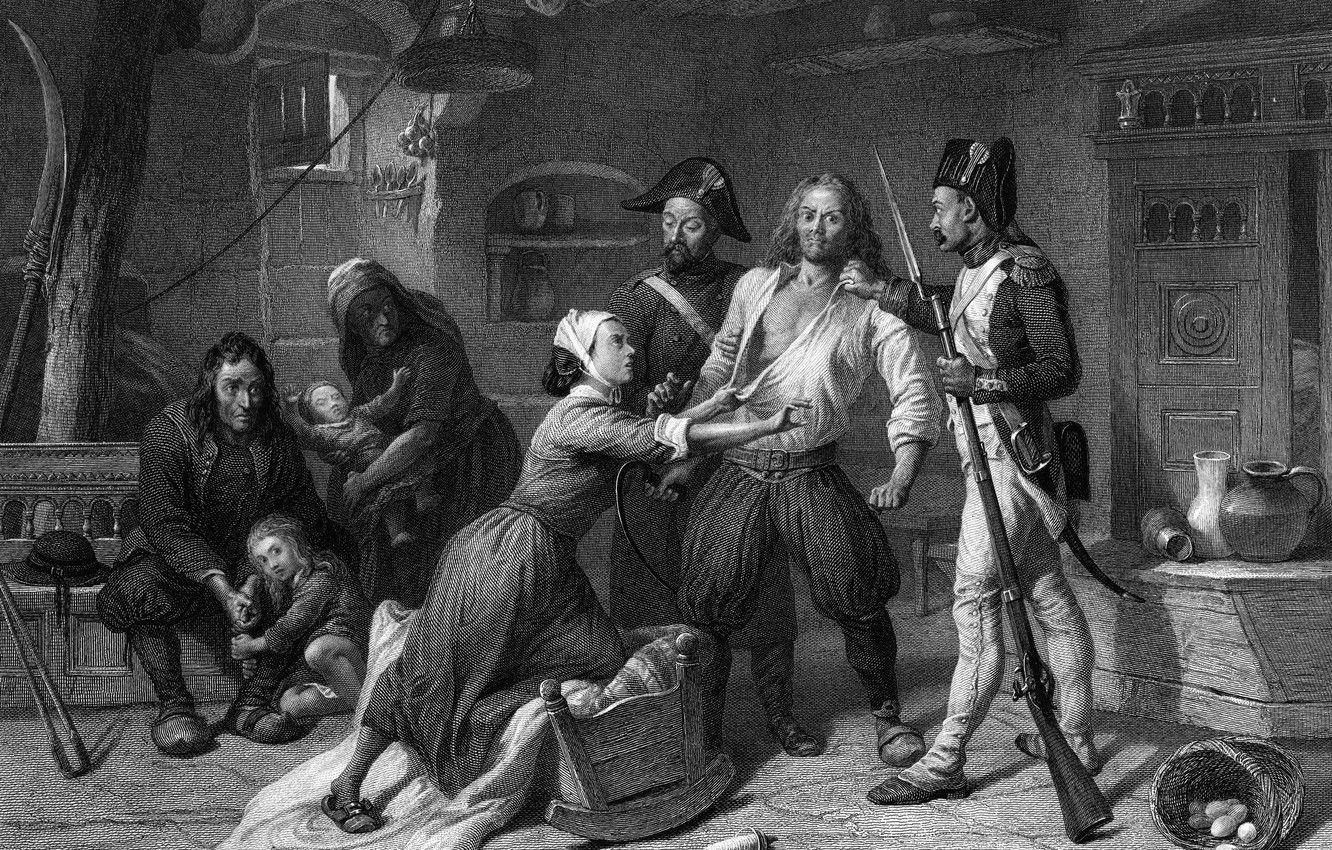 Wallpaper black and white, the French revolution, engraving, Arrest of the royalist - for desktop, section живопись