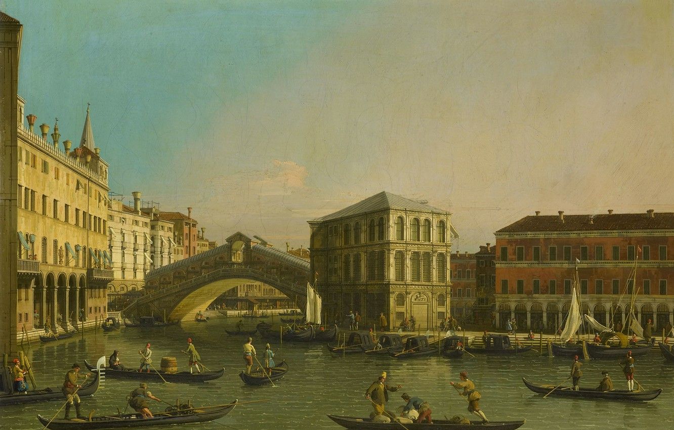 Wallpaper picture, Venice, the urban landscape, Canaletto, The Grand Canal. Rialto bridge and Palazzo Fondaco image for desktop, section живопись