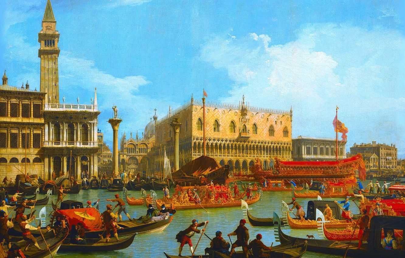 Wallpaper picture, boats, Venice, gondola, the urban landscape, Canaletto, Giovanni Antonio Canal, The return of Bucintoro to the Mall at the Palazzo Ducale image for desktop, section живопись