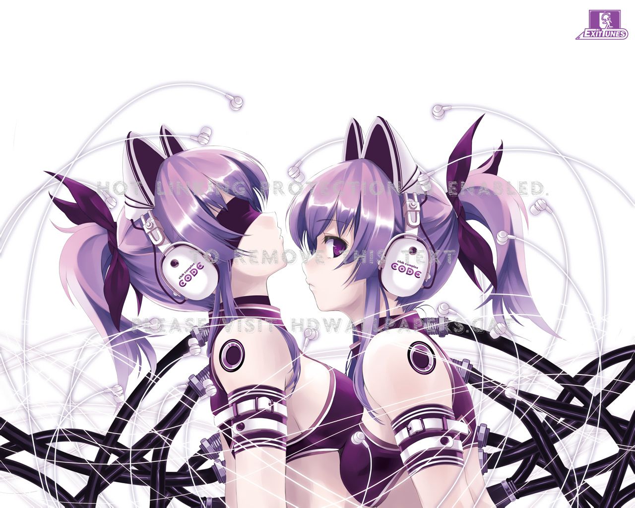 cyberpunk two girls robot purple hair ears