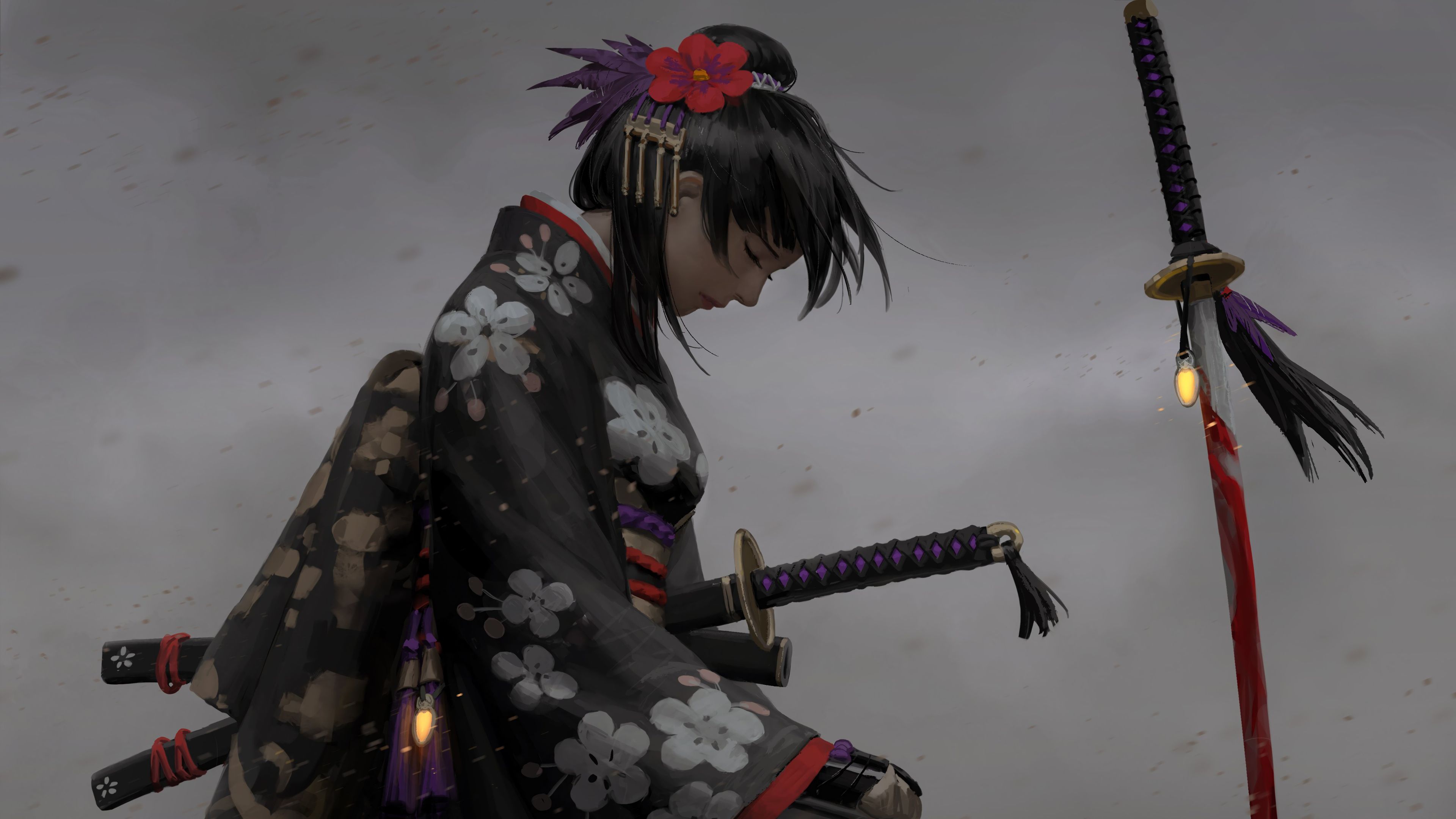 Samurai, Girl, Katana, Fantasy, 4K wallpaper HD Wallpaper