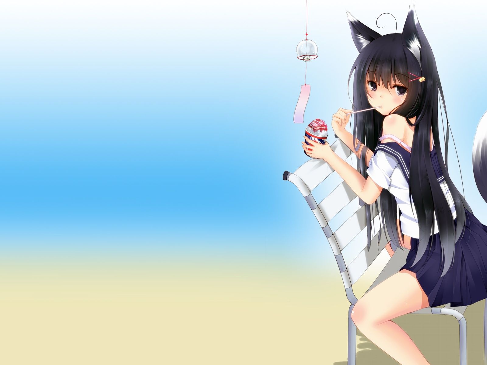 Girl Kitty Cat Ice Cream Bench desktop PC and Mac wallpaper