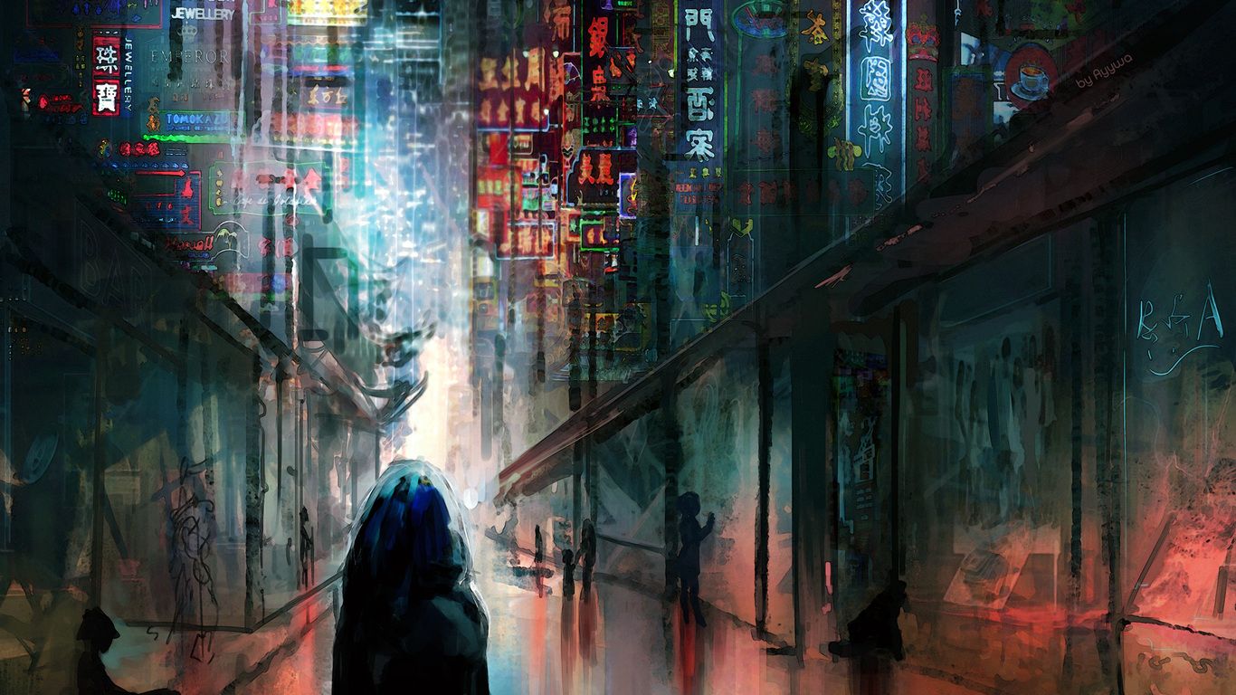 Anime Cyberpunk Scifi City Lights Night Buildings Futuristic 1366x768 Resolution HD 4k Wallpaper, Image, Background, Photo and Picture