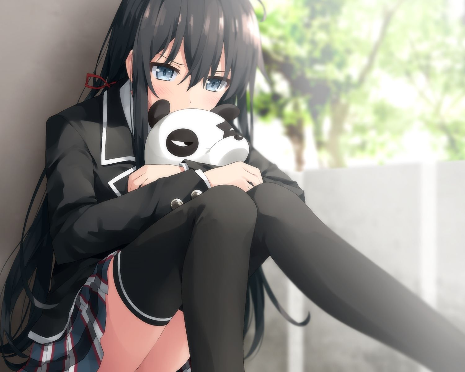 aqua eyes black hair blush cropped haribote (tarao) long hair ribbons school uniform skirt thighhighs waifu2x yahari ore no seishun love come wa machigatteiru. yukinoshita yukino. konachan.net.com Anime Wallpaper