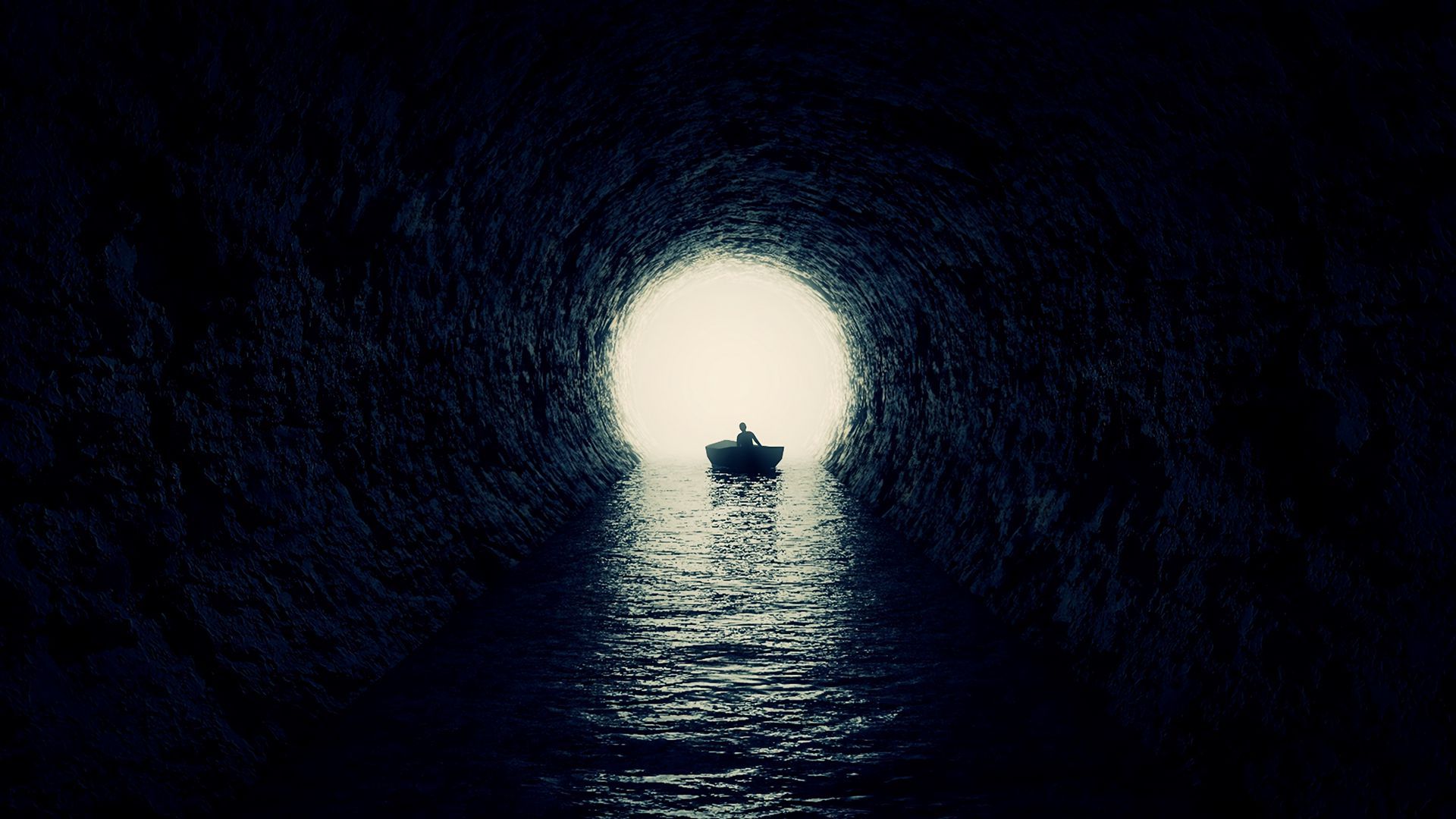 Download wallpaper 1920x1080 cave, boat, silhouette, water, dark full hd, hdtv, fhd, 1080p HD background