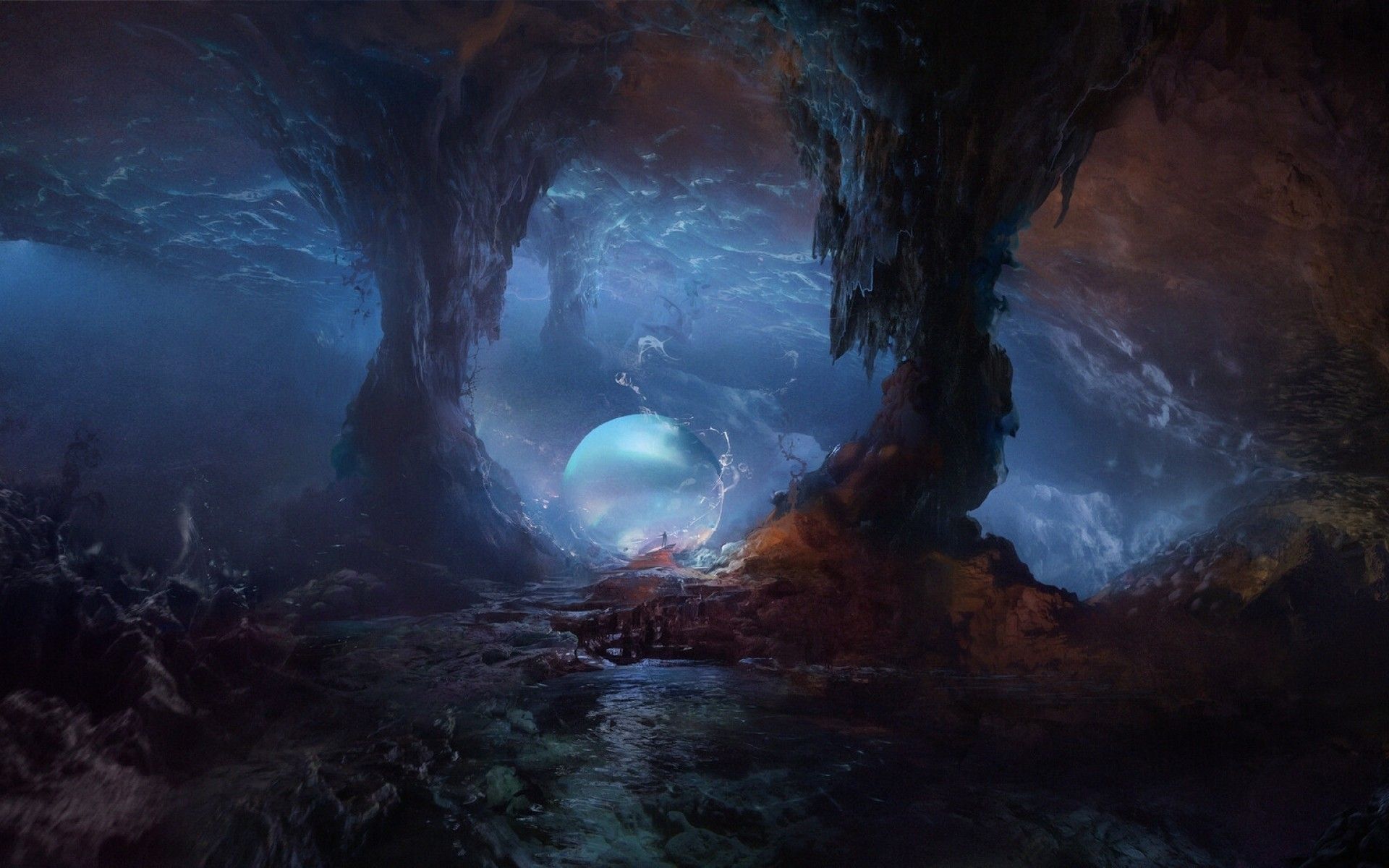 Download 1920x1200 Cave, Fantasy World, Underground, Sphere, Darkness Wallpaper for MacBook Pro 17 inch