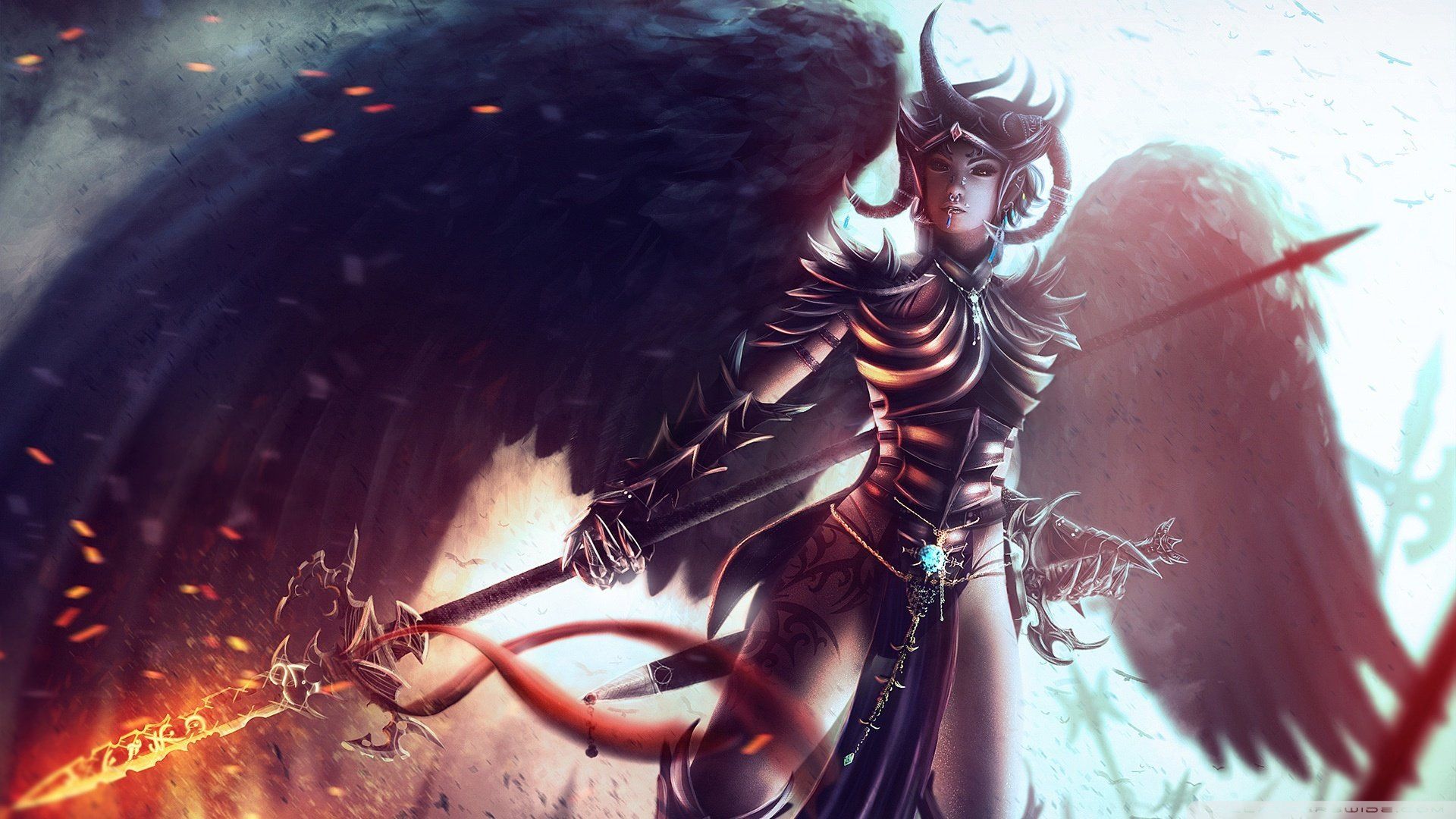 Fantasy girl wing sword warrior devil fire magic wallpaperx1080