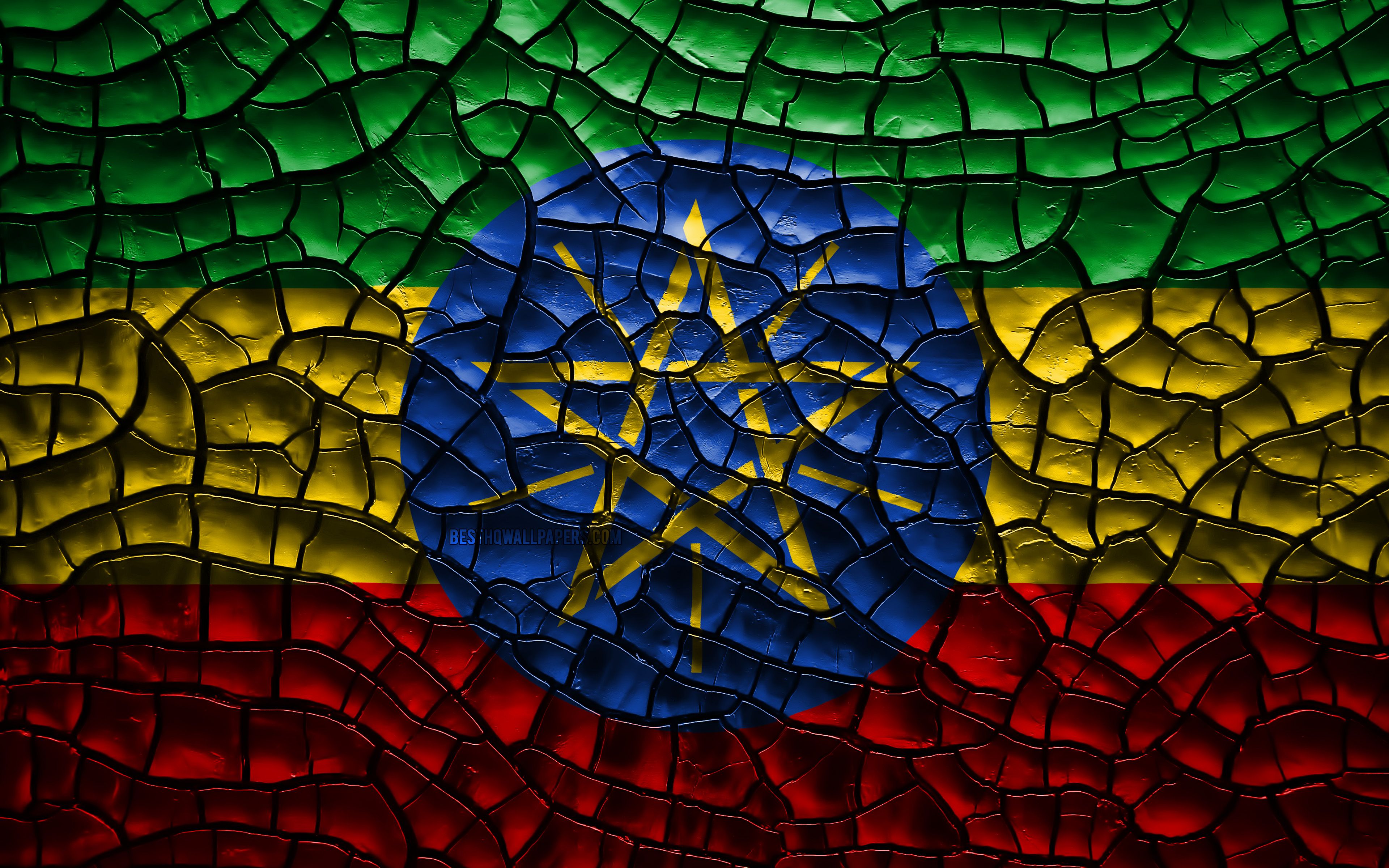 Download wallpaper Flag of Ethiopia, 4k, cracked soil, Africa, Ethiopian flag, 3D art, Ethiopia, African countries, national symbols, Ethiopia 3D flag for desktop with resolution 3840x2400. High Quality HD picture wallpaper