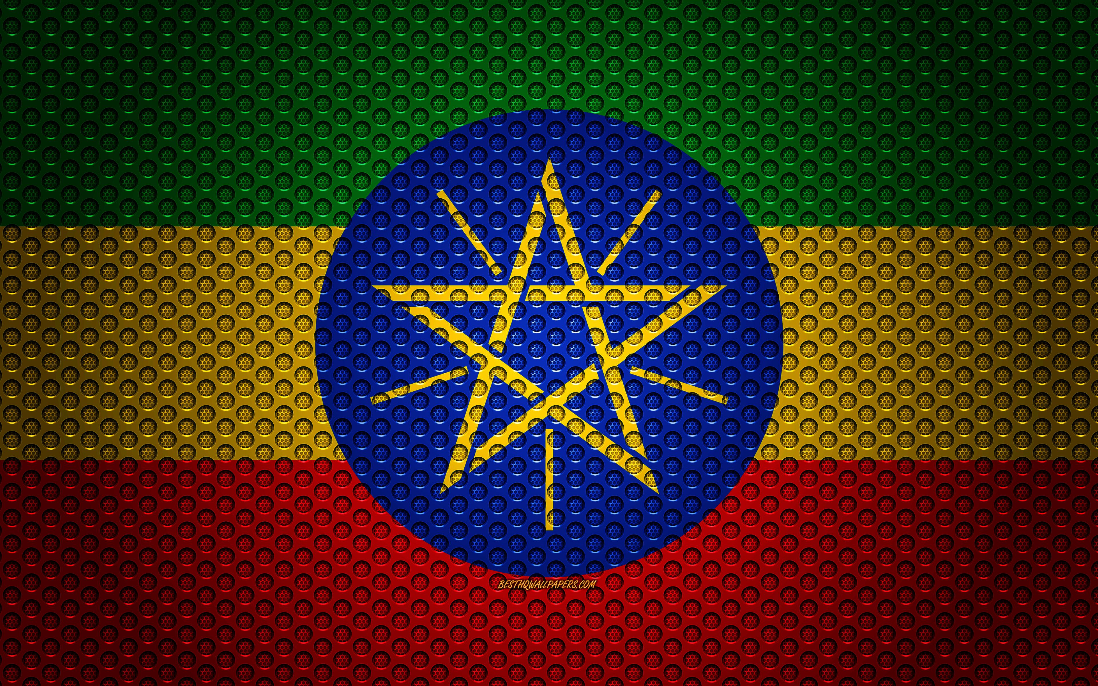 Download wallpaper Flag of Ethiopia, 4k, creative art, metal mesh texture, Ethiopian flag, national symbol, Ethiopia, Africa, flags of African countries for desktop with resolution 3840x2400. High Quality HD picture wallpaper