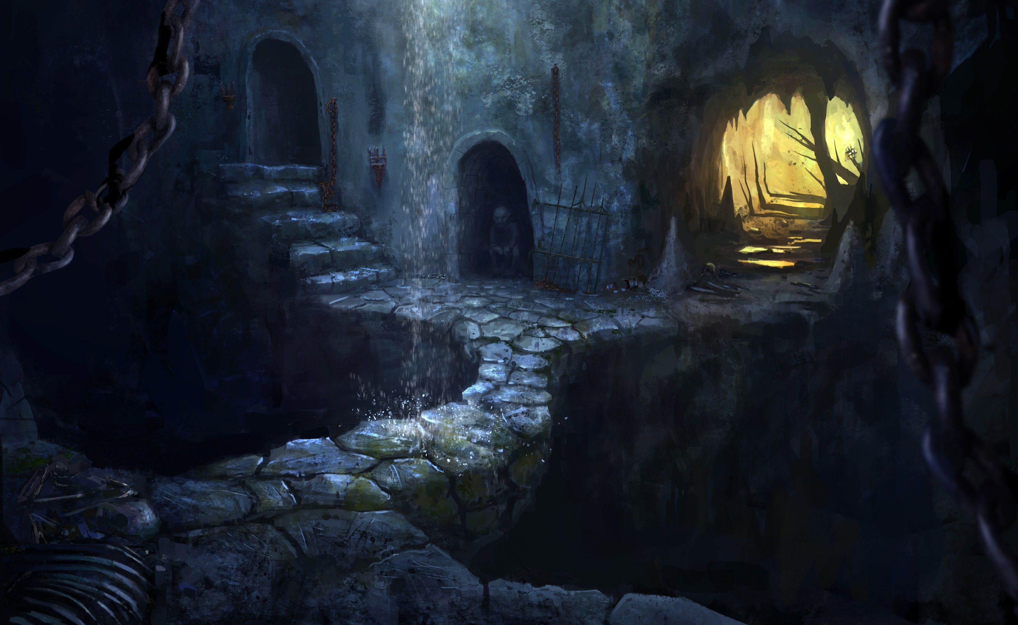 artwork, fantasy art, dark, cave, tunnel, dungeon, creepyx2160 Wallpaper