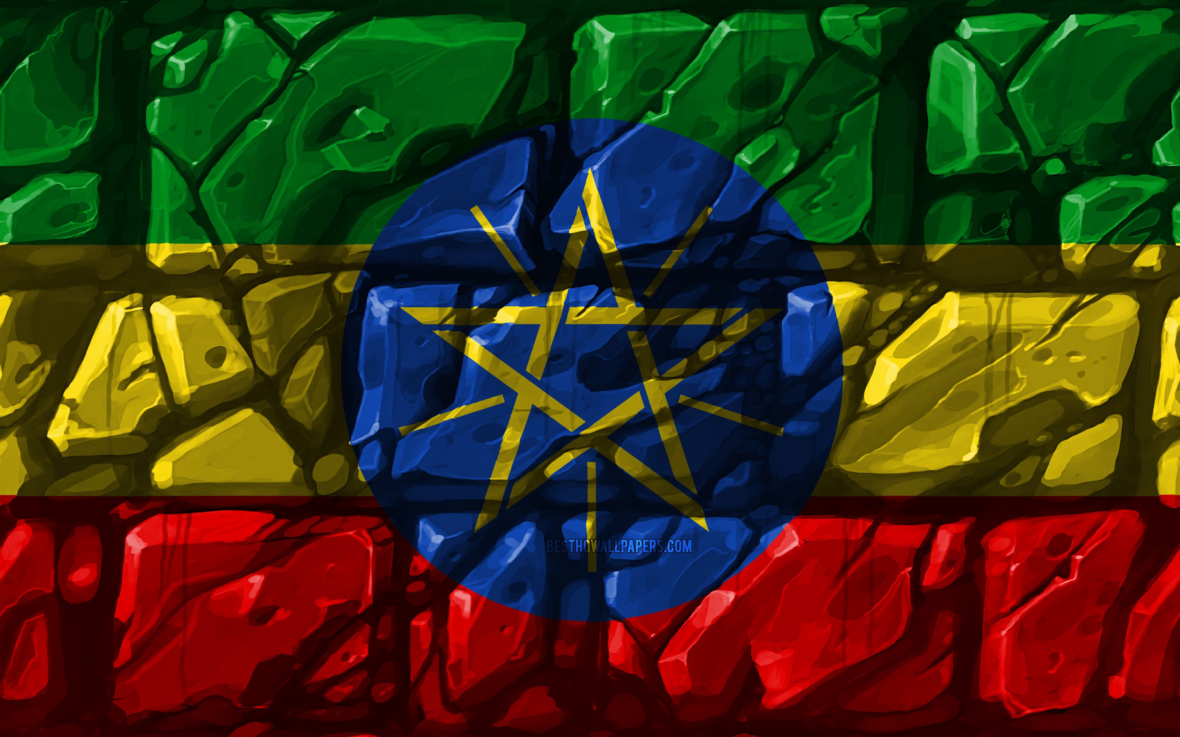 Download wallpaper Ethiopian flag, brickwall, 4k, African countries, national symbols, Flag of Ethiopia, creative, Ethiopia, Africa, Ethiopia 3D flag for desktop with resolution 3840x2400. High Quality HD picture wallpaper