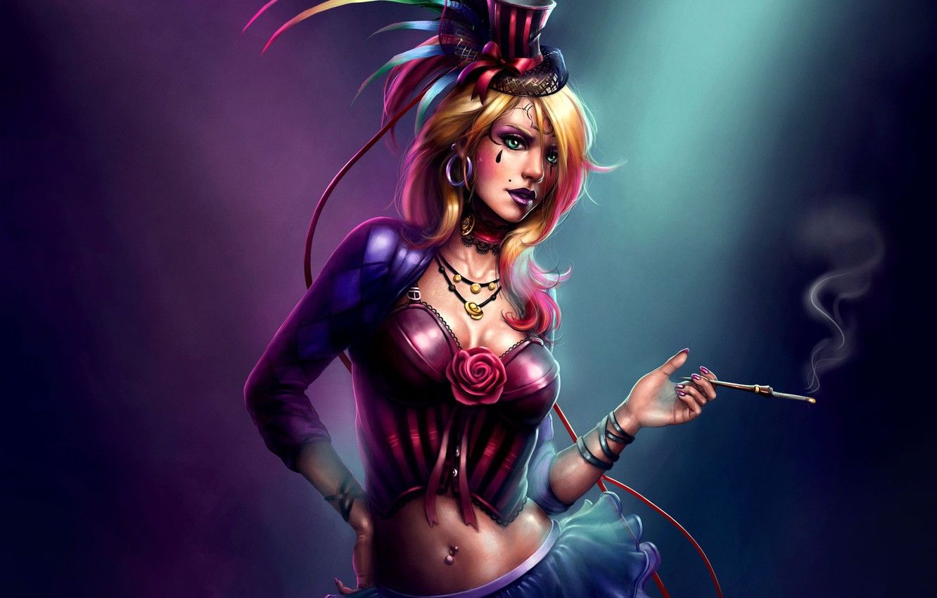 Wallpaper girl, feathers, circus, art, cigarette, costume, mouthpiece, hat, kimisz burlesque image for desktop, section разное