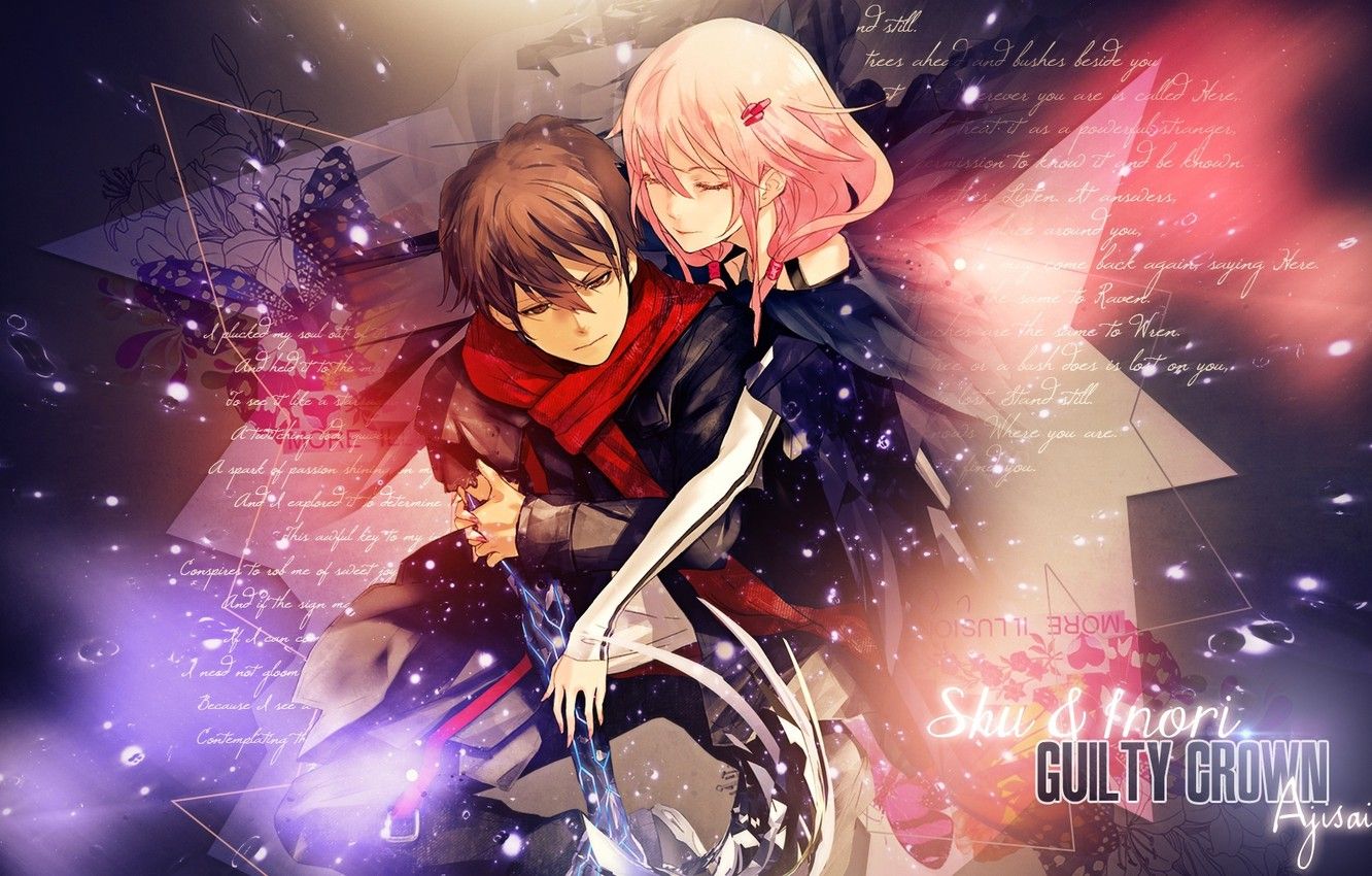 Wallpaper hugs, two, guilty crown, pink hair, inori yuzuriha, guilty crown, red scarf, shu ouma, student, the guy with the girl image for desktop, section сёнэн