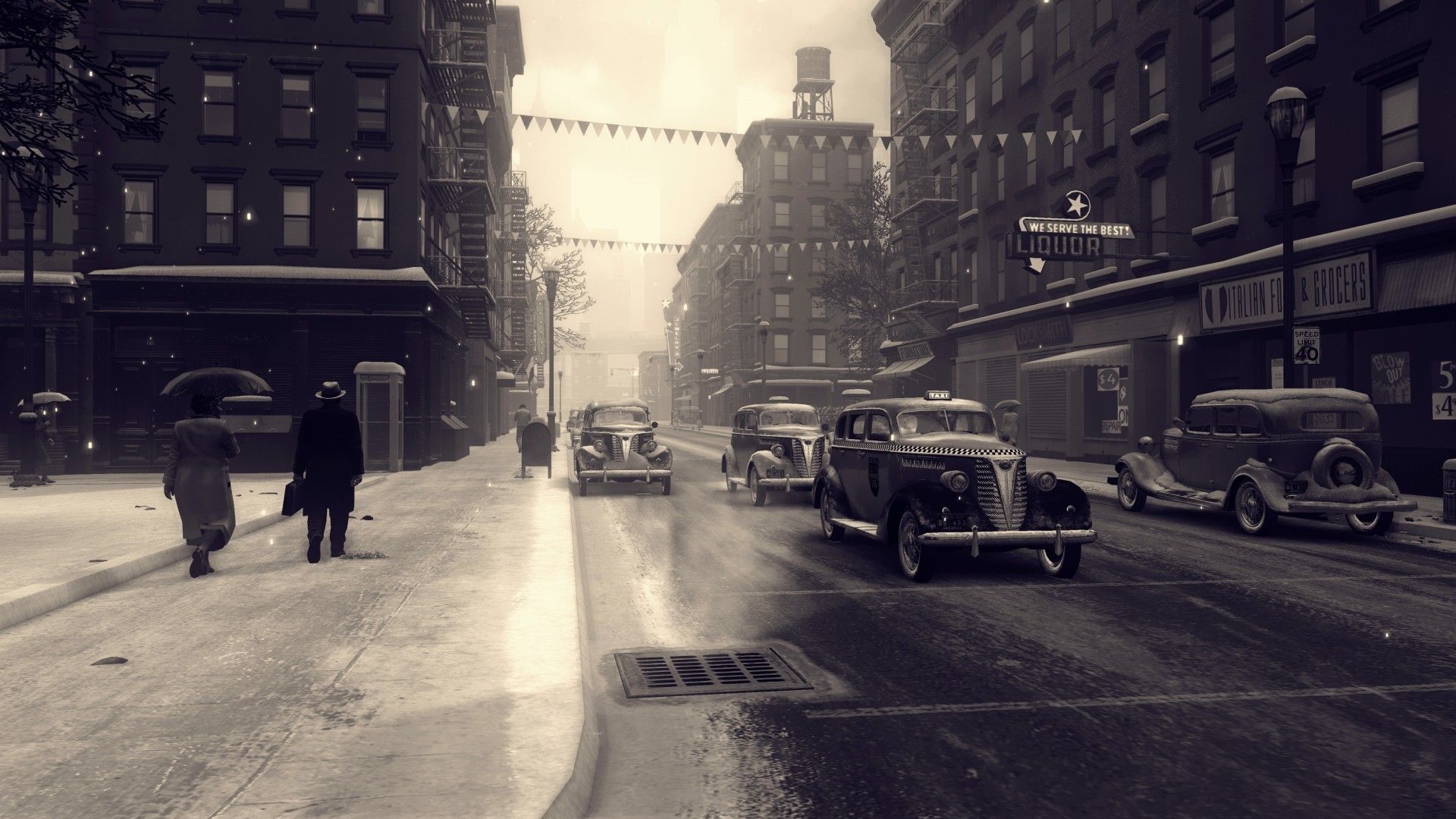people, Monochrome, Video games, Mafia II, Car, Vintage, Classic car, Street, City, Building, Rain, Path, Phone box, Umbrella, Snow, Taxi Wallpaper HD / Desktop and Mobile Background