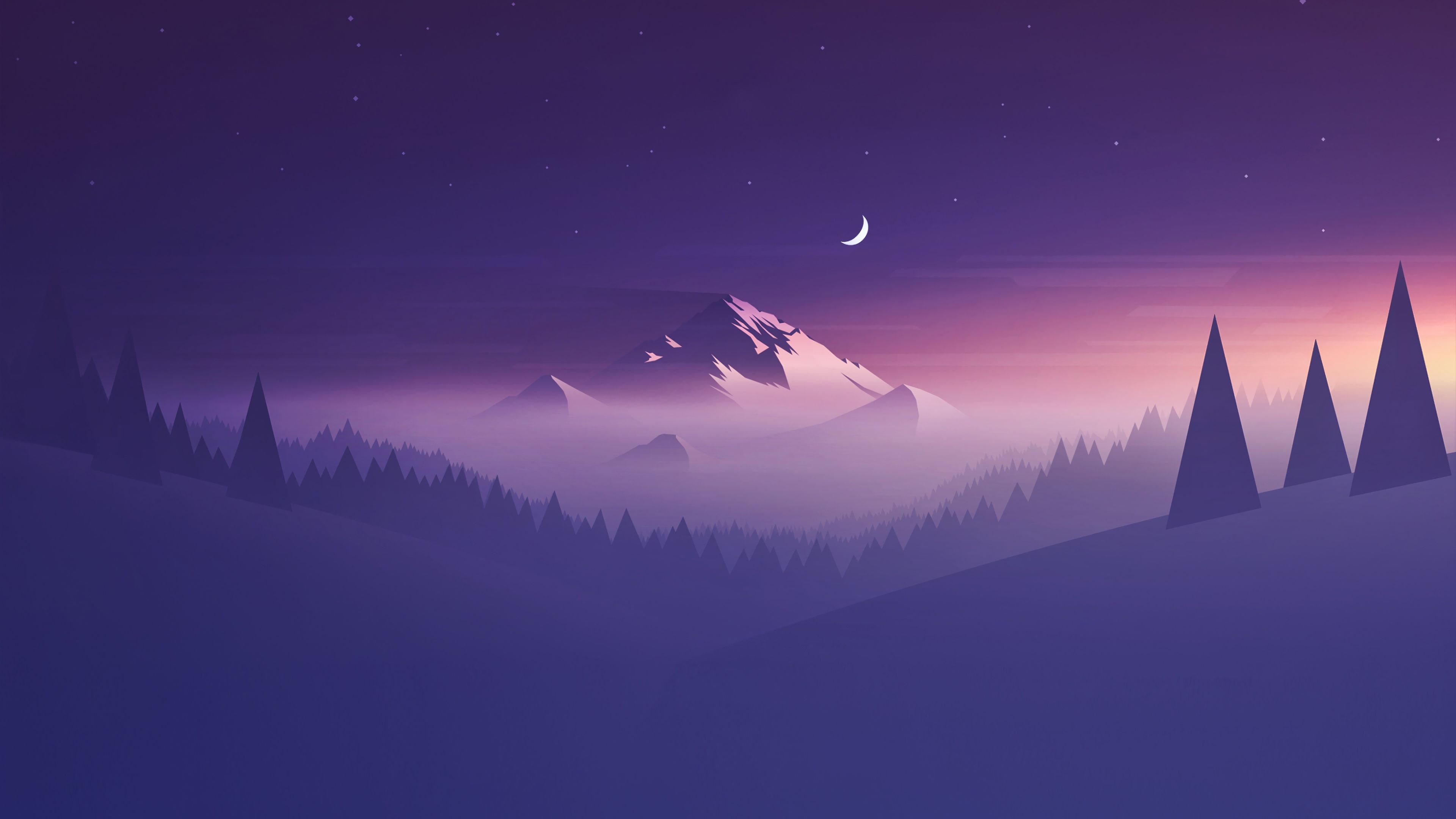 Snow Mountain Night Landscape Minimalist Minimalism 4K