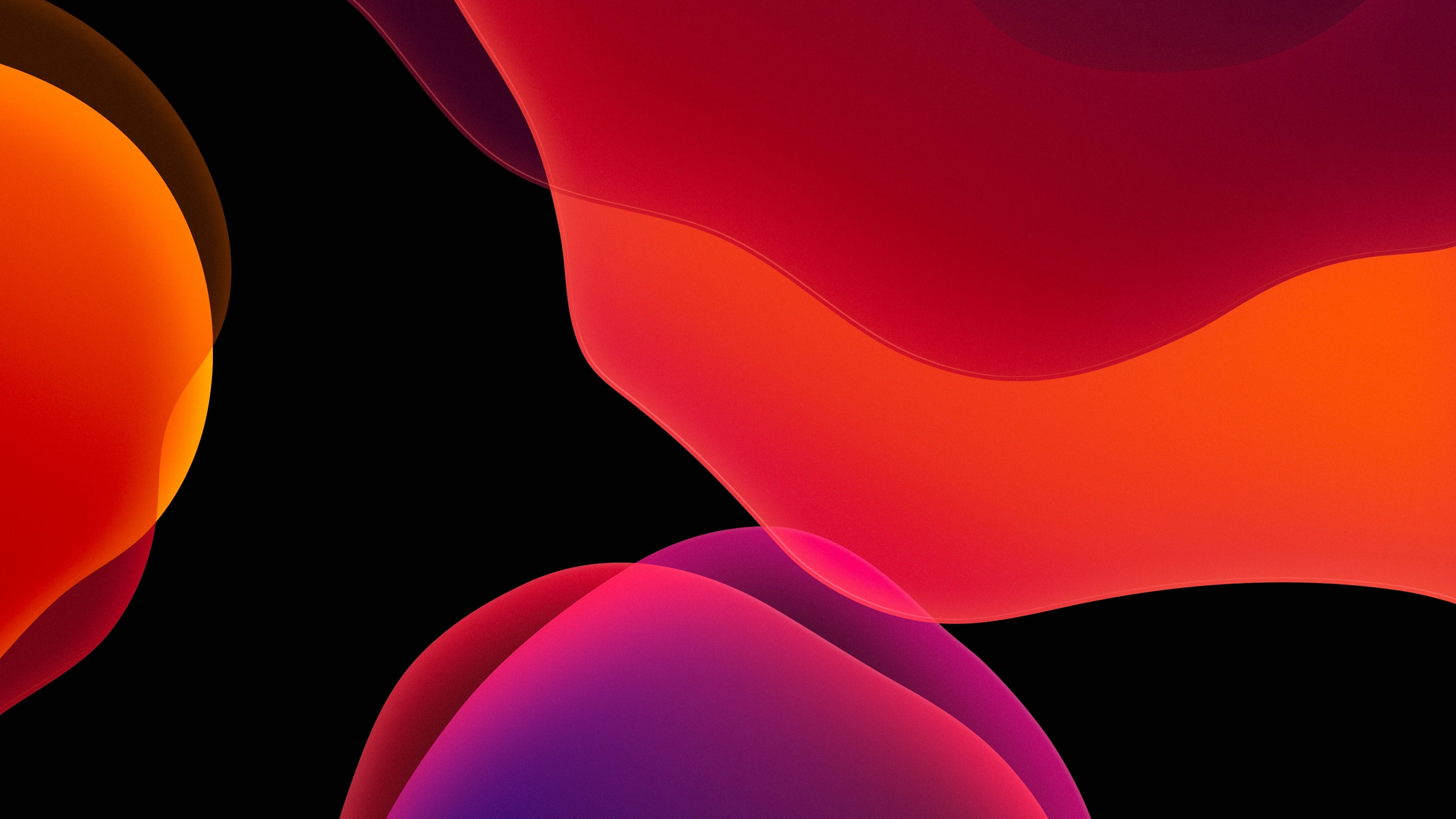 iOS 13 Wallpaper 4K, Stock, iPadOS, Red, Black background, AMOLED, Abstract