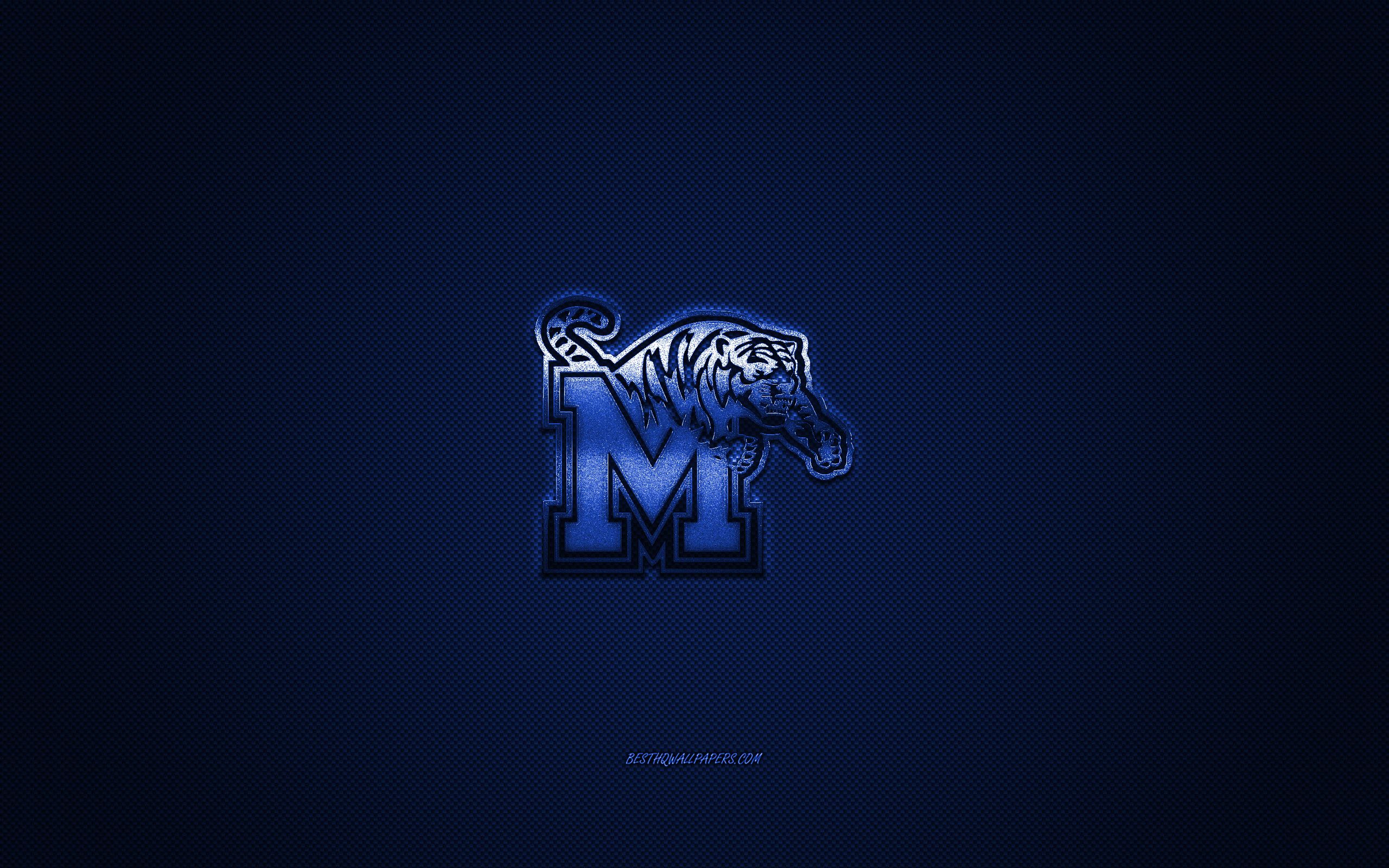 Download wallpaper Memphis Tigers logo, American football club, NCAA, blue logo, blue carbon fiber background, American football, Memphis, Tennessee, USA, Memphis Tigers for desktop with resolution 2560x1600. High Quality HD picture wallpaper