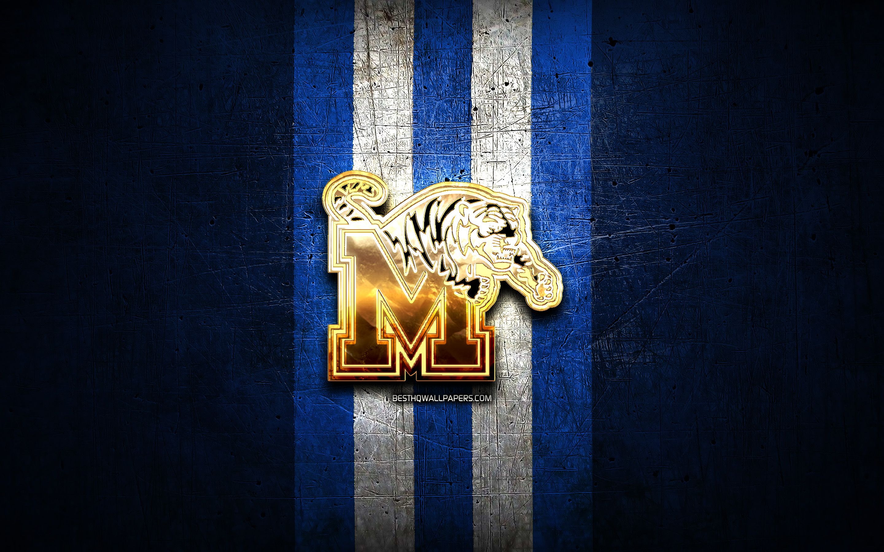 Download wallpaper Memphis Tigers, golden logo, NCAA, blue metal background, american football club, Memphis Tigers logo, american football, USA for desktop with resolution 2880x1800. High Quality HD picture wallpaper