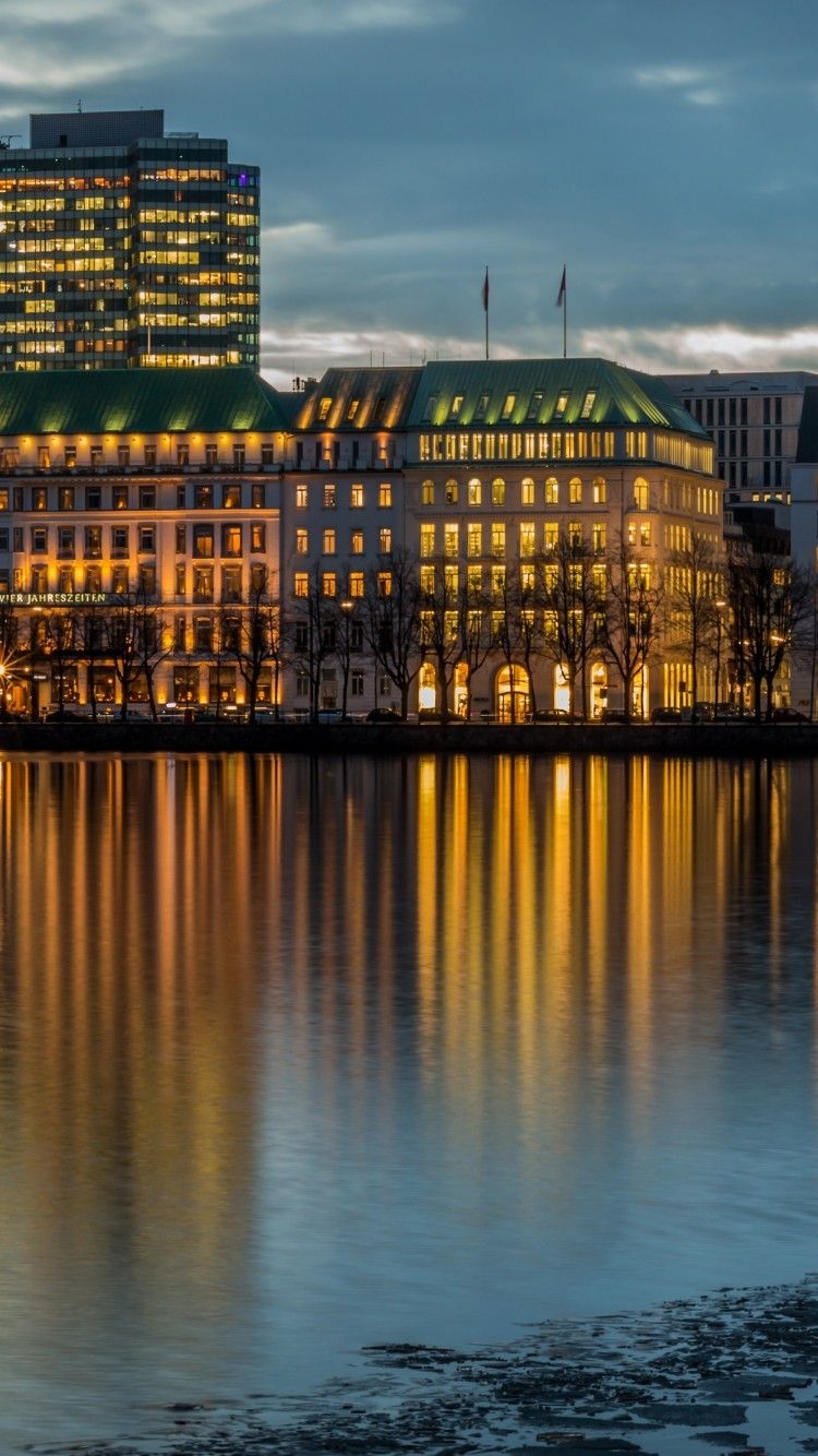 Download 750x1334 Germany, Hamburg, River, Reflection, Lights, Sky Wallpaper for iPhone 7, iPhone 6