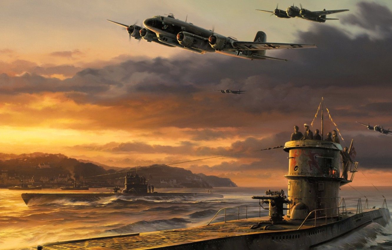 Wallpaper War, Art, Airplanes, Painting, Drawing, Ww Junker Ju Germans Bomber, German U Boat Image For Desktop, Section игры