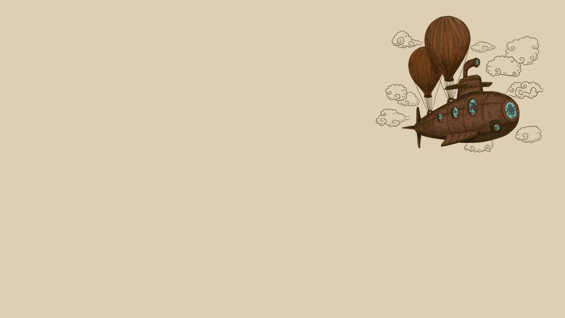 Clouds Minimalistic Steampunk Octopuses Balloons Reversed Reality U Boat Wallpaperx1080