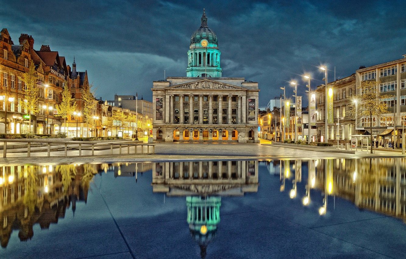 Wallpaper night, lights, reflection, England, home, area, Nottingham image for desktop, section город