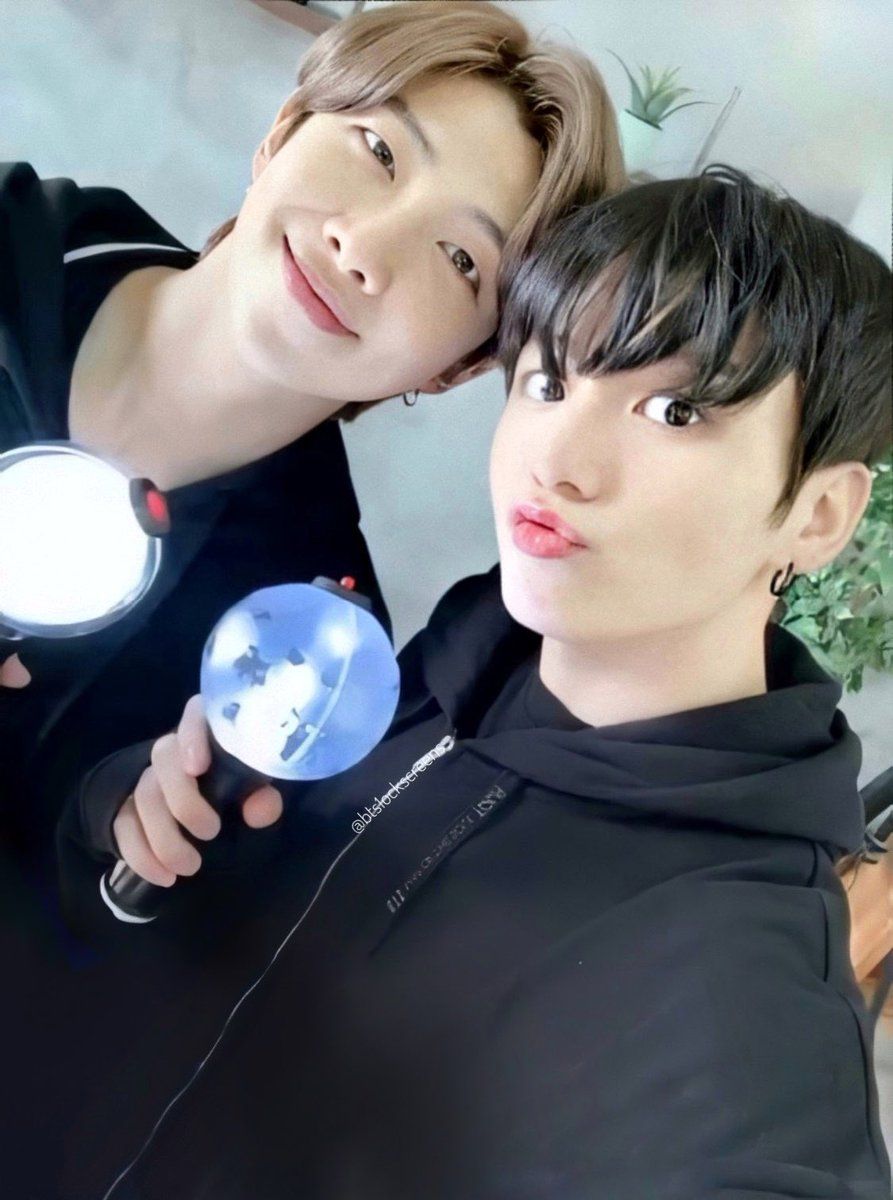 here⁷ NamKook selfie [RM/ Kim Namjoon/ Joon, JK/ Jeon Jungkook] text removed/ clean version lockscreen/ wallpaper