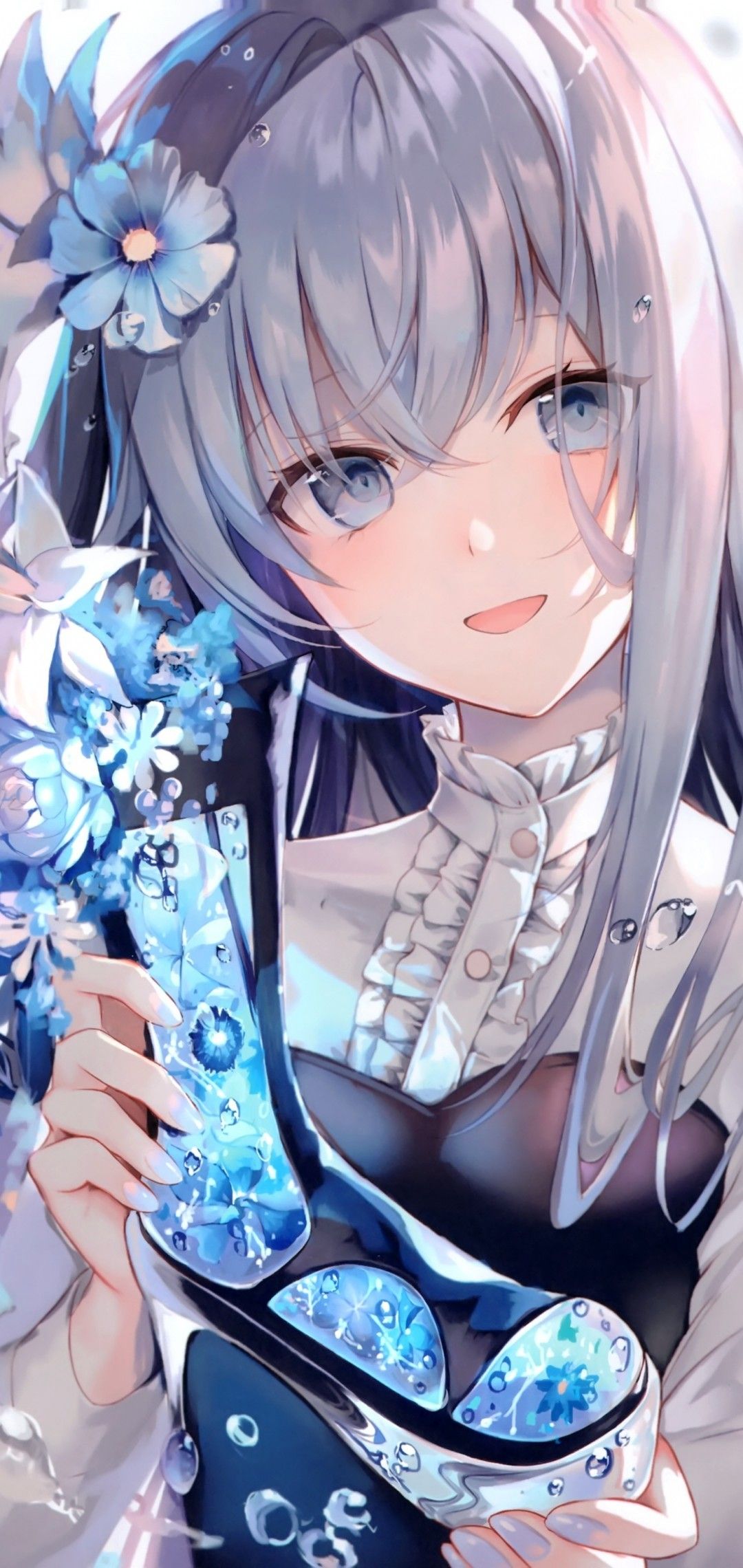 Download 1080x2280 Beautiful Anime Girl, Gray Hair, Smiling, Blue Flowers, Glass Shoe Wallpaper for Samsung Galaxy S10e, Xiaomi Mi A2 Lite, OnePlus 6