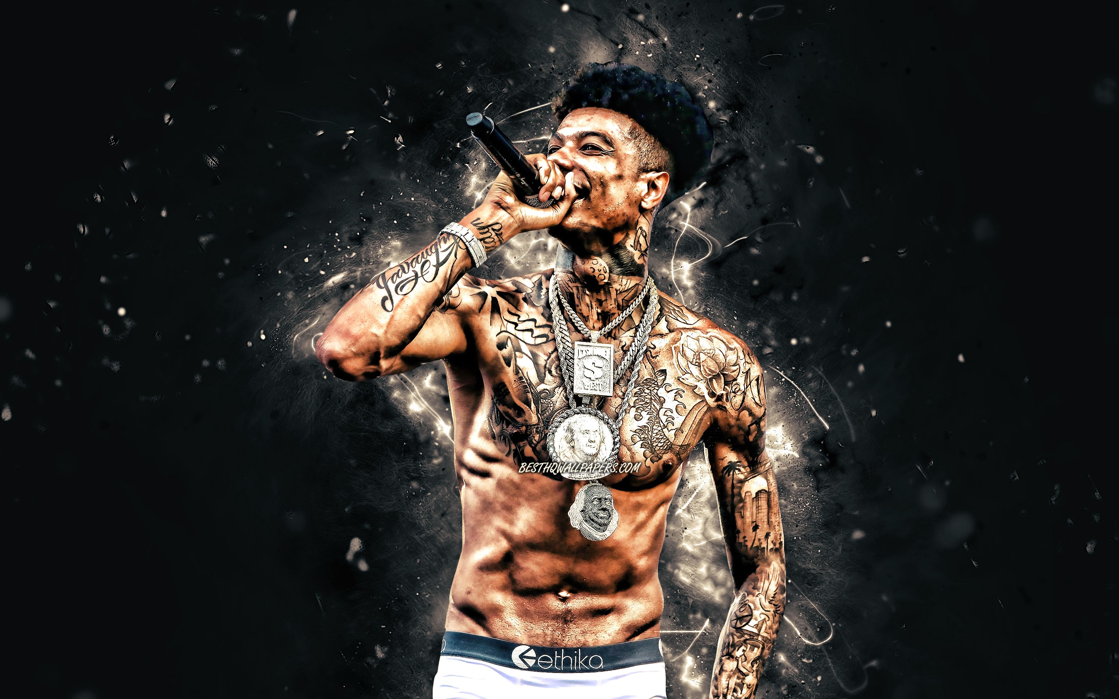 Download wallpaper Blueface, 4k, white neon lights, american rapper, concert, music stars, creative, Migos, Blueface with microphone, Johnathan Porter, american celebrity, Blueface 4K for desktop with resolution 3840x2400. High Quality HD