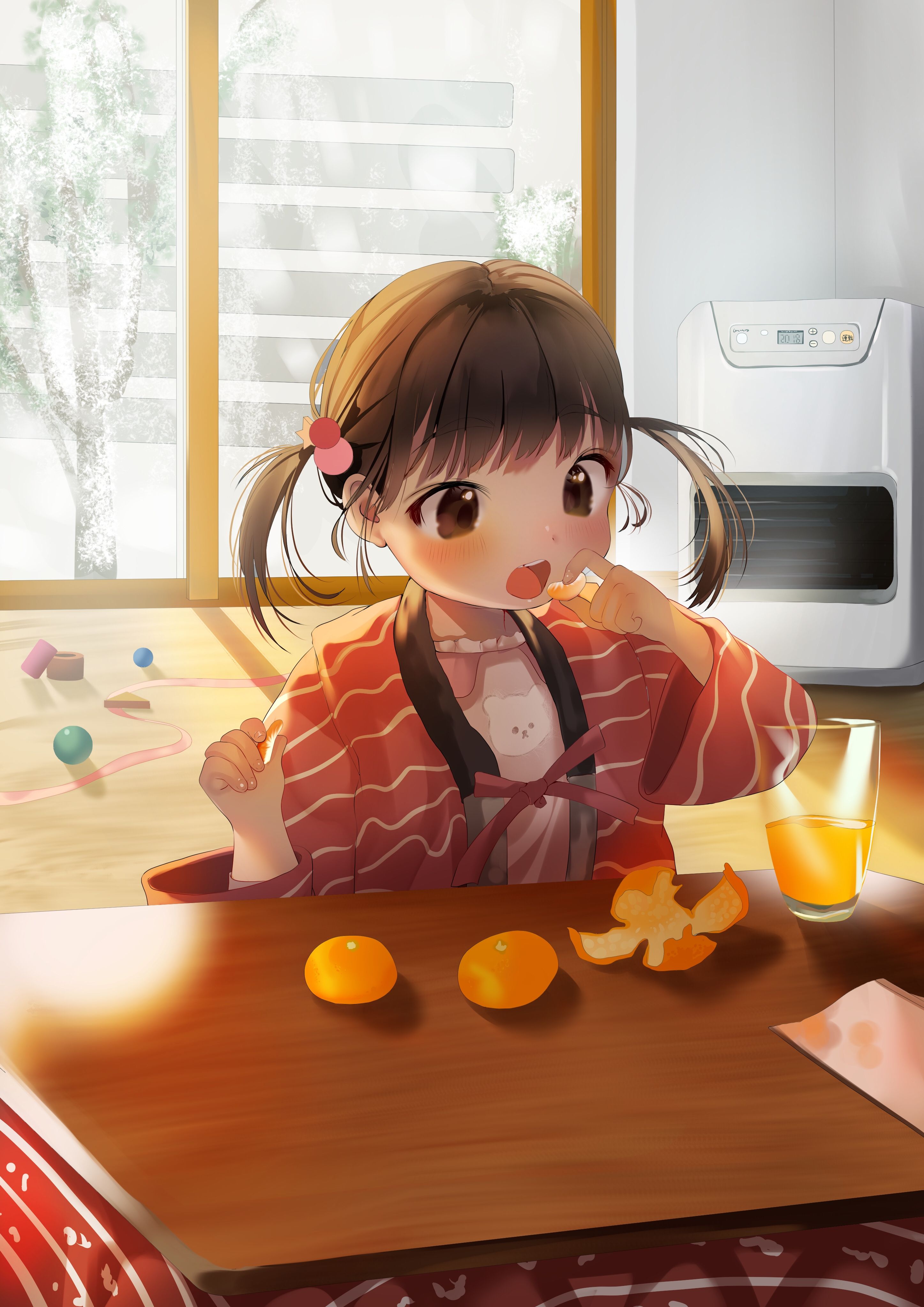 Download 2894x4093 Cute Anime Kid, Orange Juice, Brown Hair, Room Wallpaper